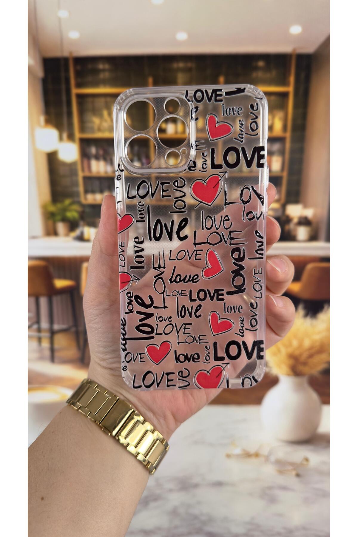Iphone 13 Pro Max Uyumlu Love Yazı Desenli Şeffaf Darbe Emici Kamera Korumalı Clear Kılıf