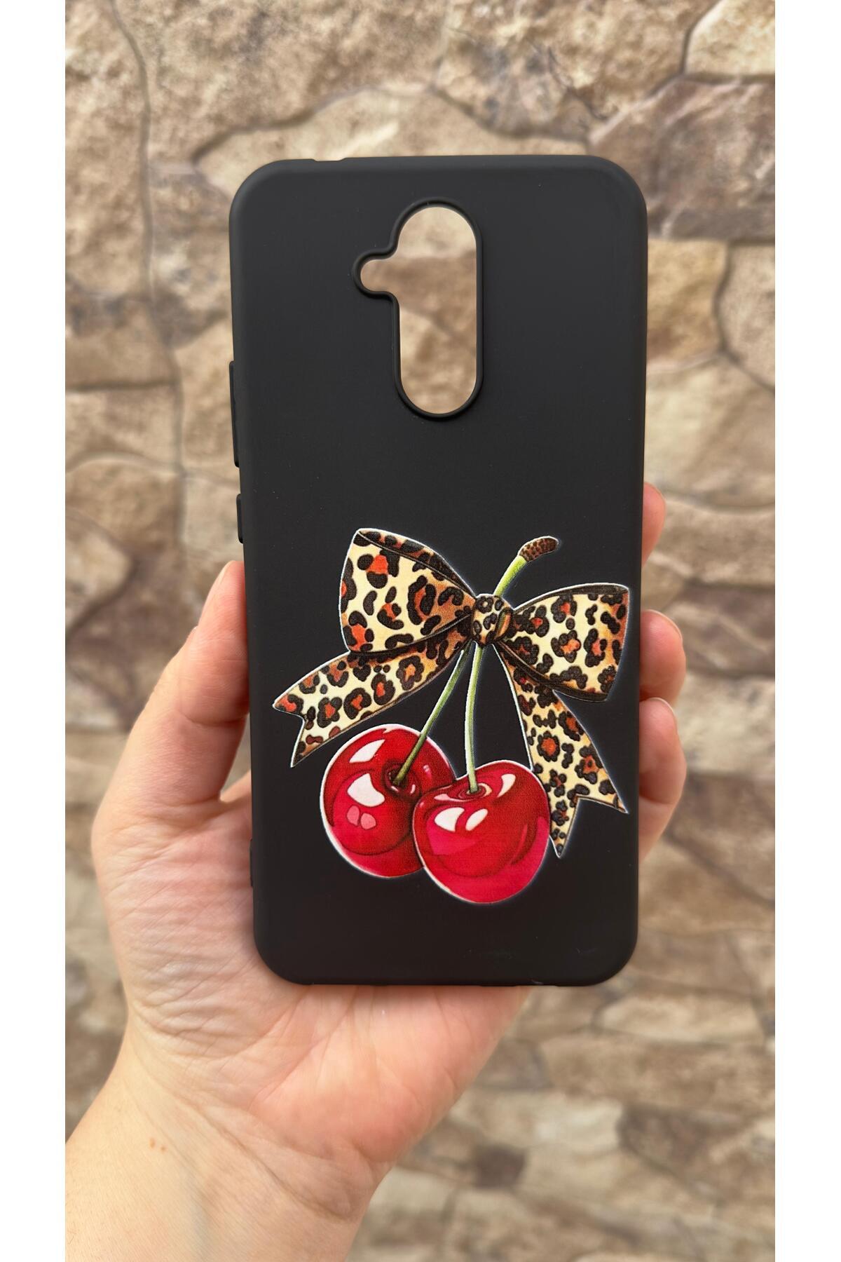 HUAWEİ Mate 20 Lite Uyumlu Kiraz Leopar Fiyonk Desenli Silikon Darbe Emici Klasik Rubber Kılıf