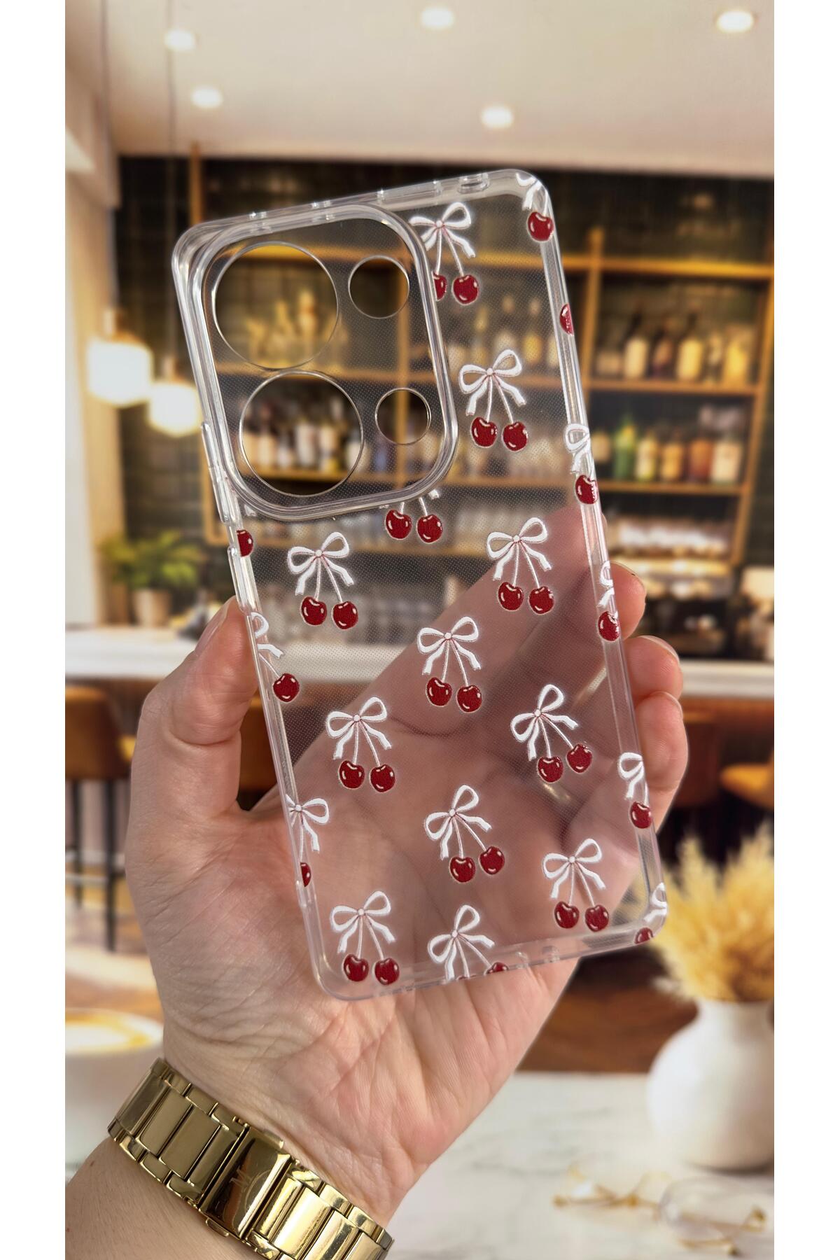 Redmi Note 13 Pro 4G Uyumlu Kiraz Desenli Şeffaf Darbe Emici Kamera Korumalı Clear Kılıf