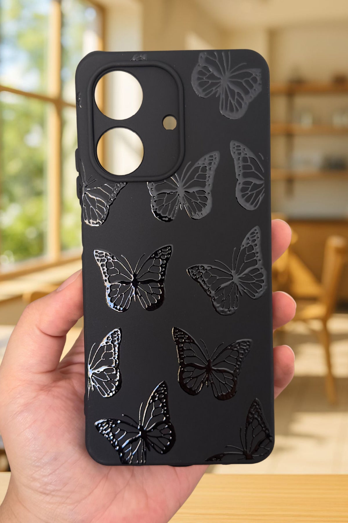 REALME NOTE 60 Uyumlu Siyah Kelebek Desenli Silikon Darbe Emici Klasik Korumalı Rubber Kılıf