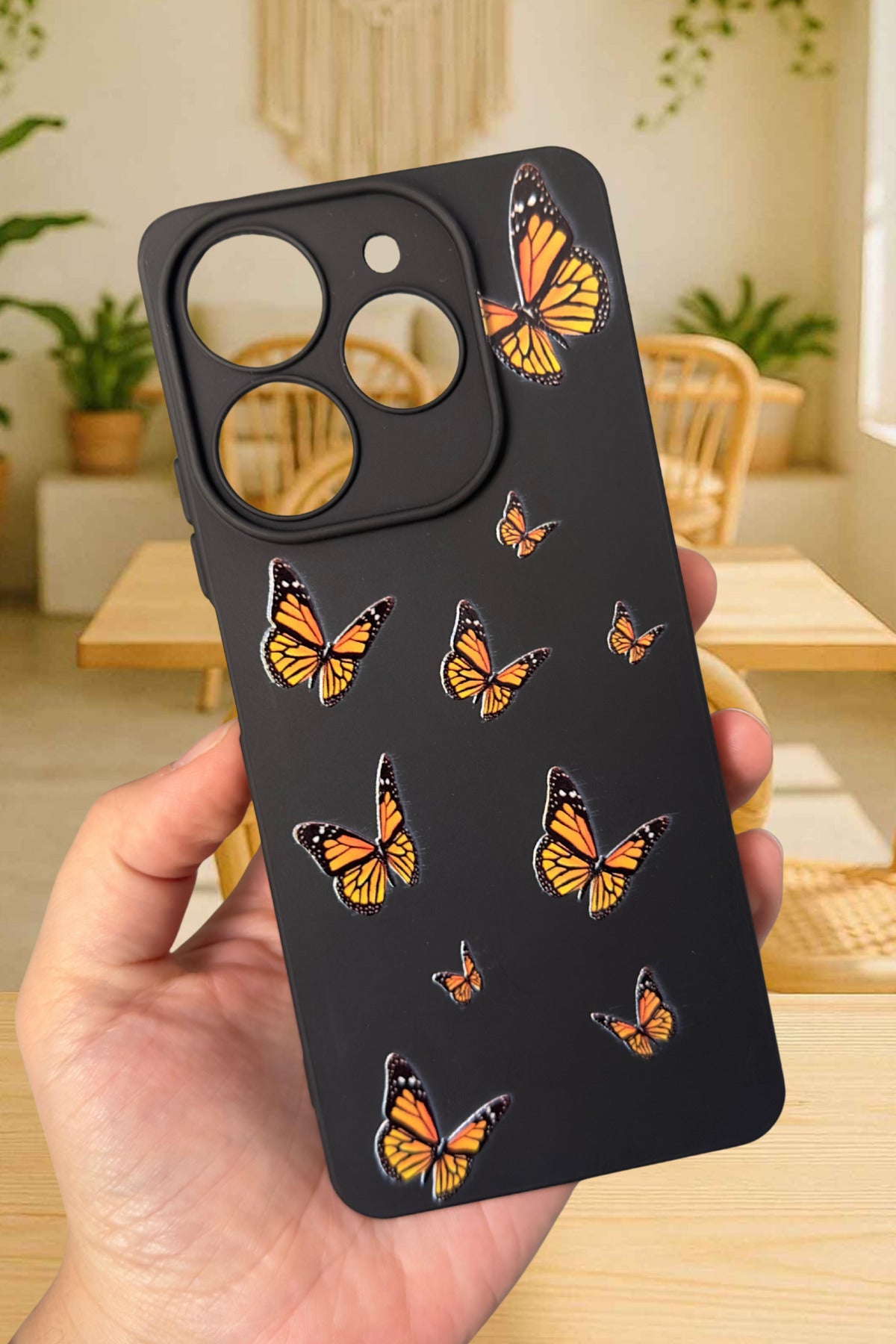 Tecno Spark 10 PRO Uyumlu Turuncu Kelebek Desenli Silikon Darbe Emici Rubber Kılıf