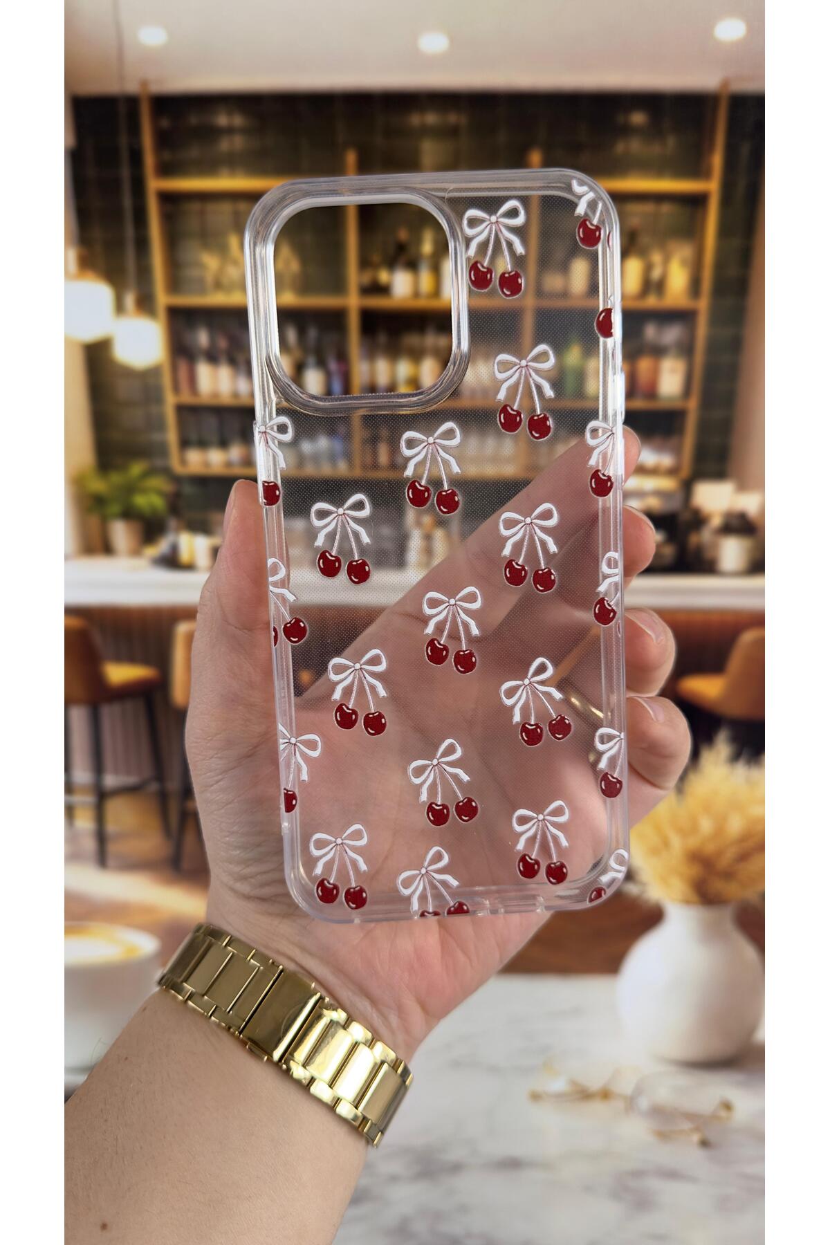 Iphone 15 Pro Max Uyumlu Kiraz Desenli Şeffaf Darbe Emici Kamera Korumalı Clear Kılıf