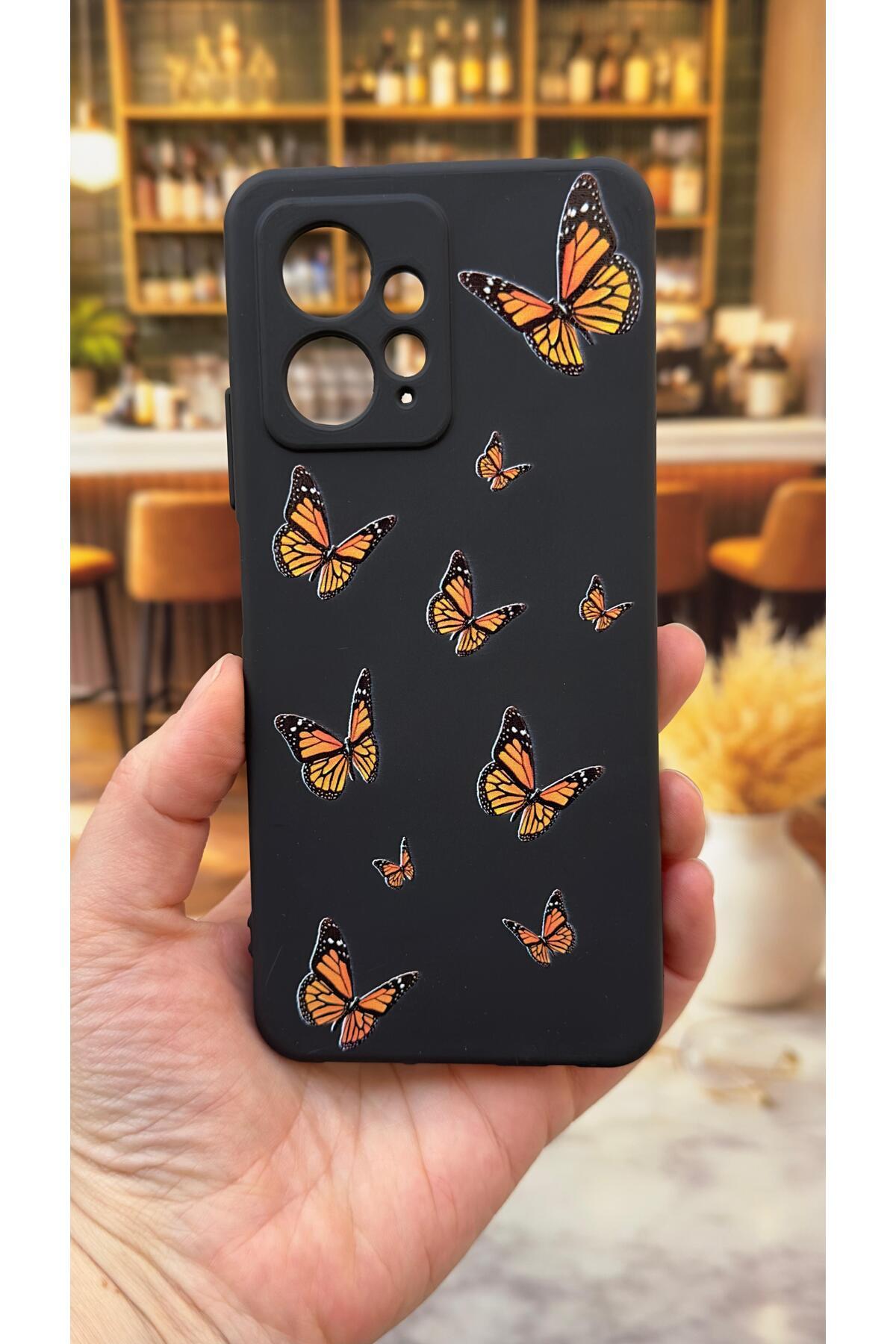 Xiaomi Redmi Note 12 Uyumlu Turuncu Kelebek Desenli Silikon Darbe Emici Klasik Rubber Kılıf