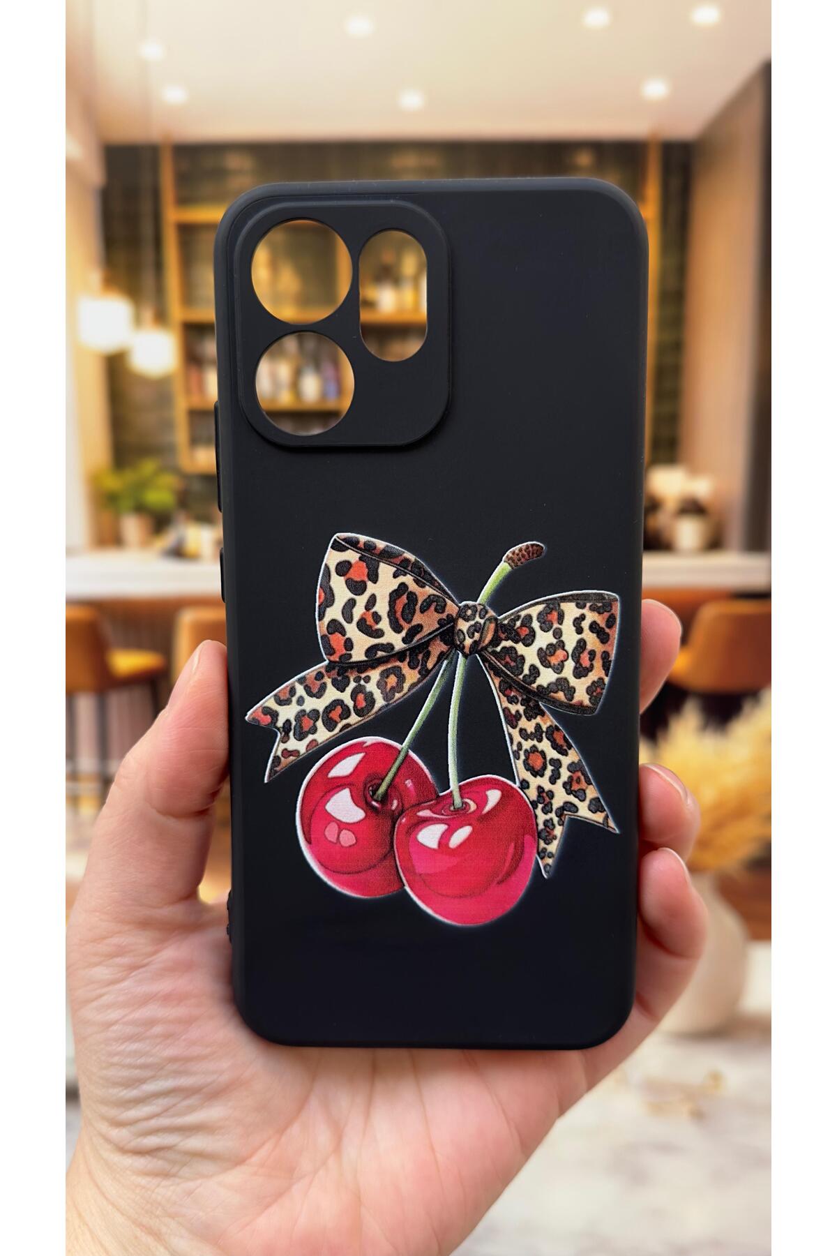 OPPO RENO 14F Uyumlu Kiraz Leopar Fiyonk Desenli Silikon Darbe Emici Klasik Korumalı Rubber Kılıf