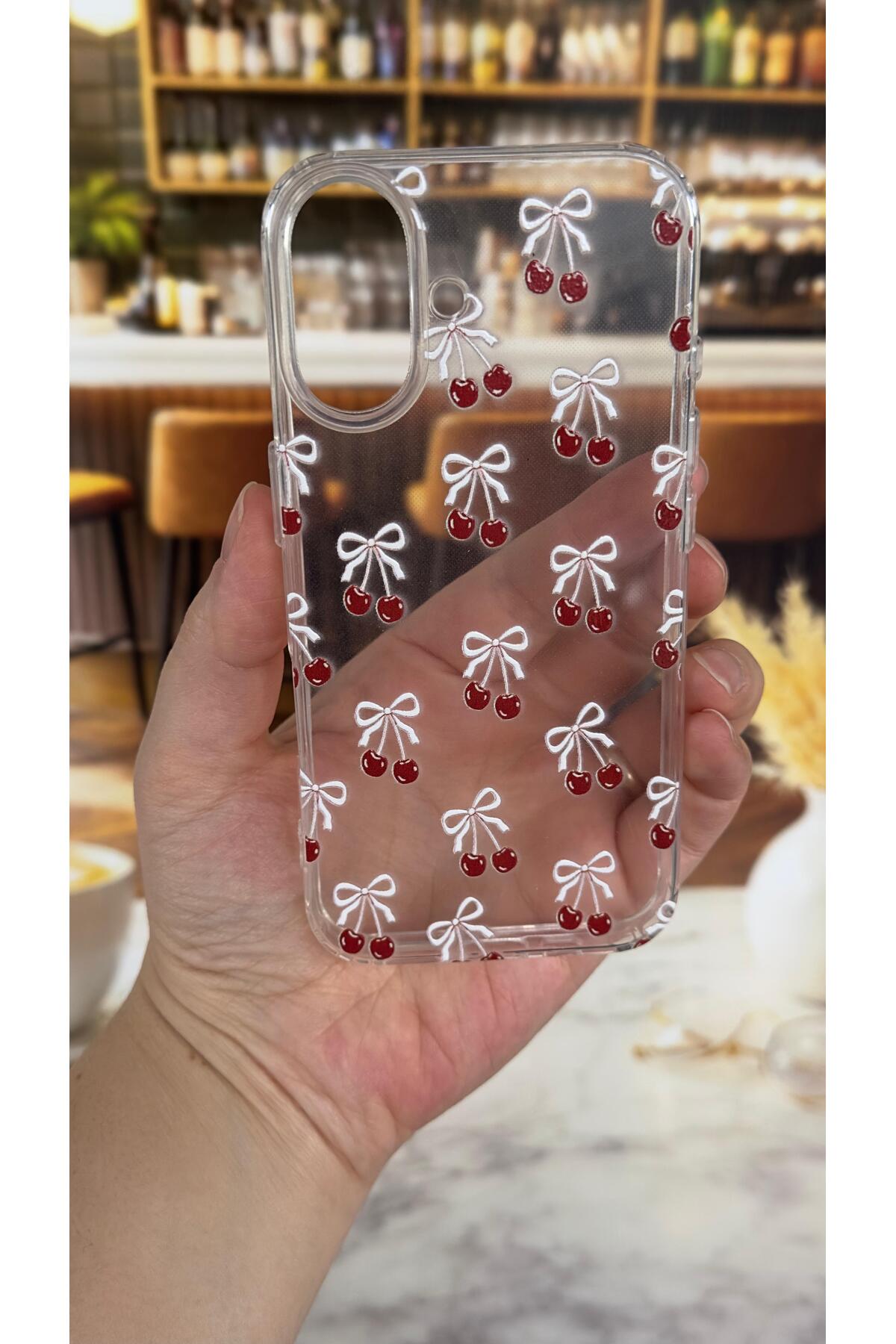 Iphone 16 Plus Uyumlu Kiraz Desenli Şeffaf Darbe Emici Kamera Korumalı Clear Kılıf