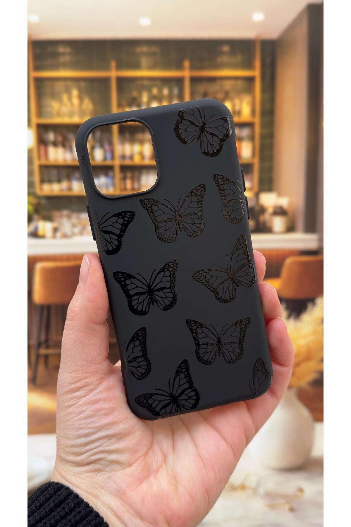 Iphone 11 Pro Max Uyumlu Siyah Kelebek Desenli Silikon Darbe Emici Klasik Korumalı Rubber Kılıf