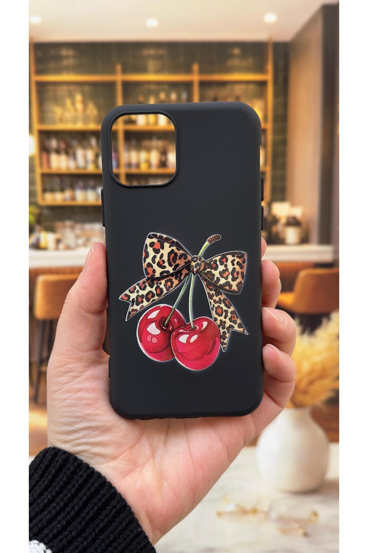 Iphone 11 Pro Uyumlu Kiraz Fiyonk Leopar Desenli Silikon Darbe Emici Klasik Korumalı Rubber Kılıf