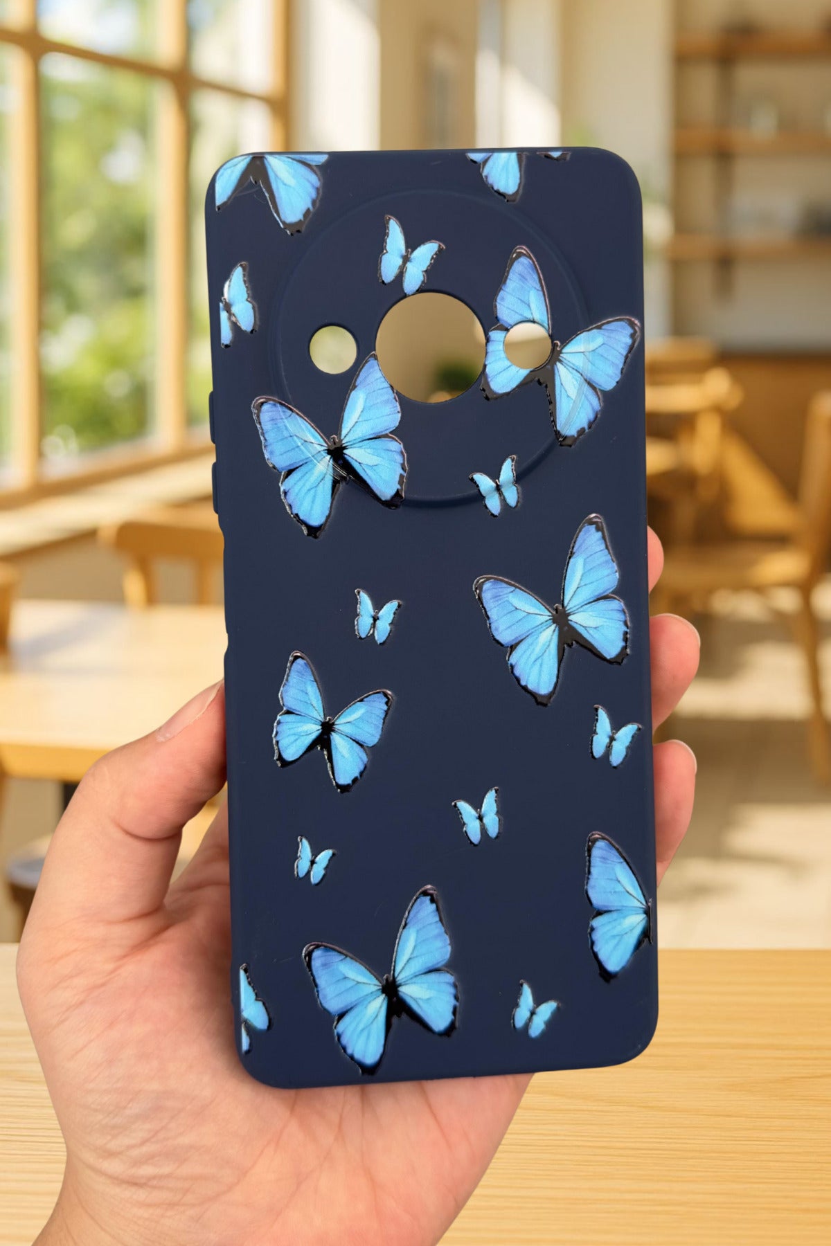 Xiaomi Redmi A3 Uyumlu Mavi Kelebek Desenli Silikon Darbe Emici Klasik Korumalı Rubber Kılıf