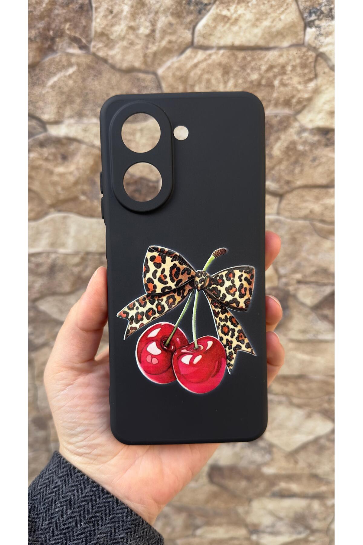 Redmi A5 Uyumlu Kirazlı Leopar Fiyonk Desenli Silikon Darbe Emici Klasik Korumalı Rubber Kılıf