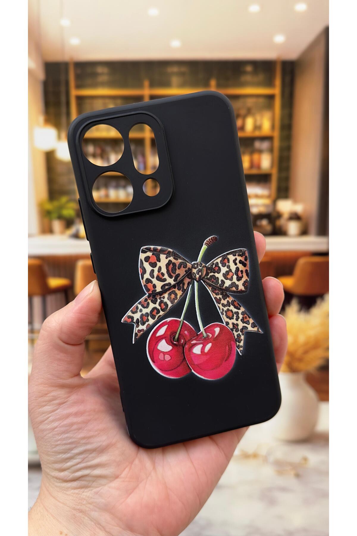 OPPO RENO 14 Uyumlu Kiraz Fiyonk Leopar Desenli Silikon Darbe Emici Klasik Korumalı Rubber Kılıf