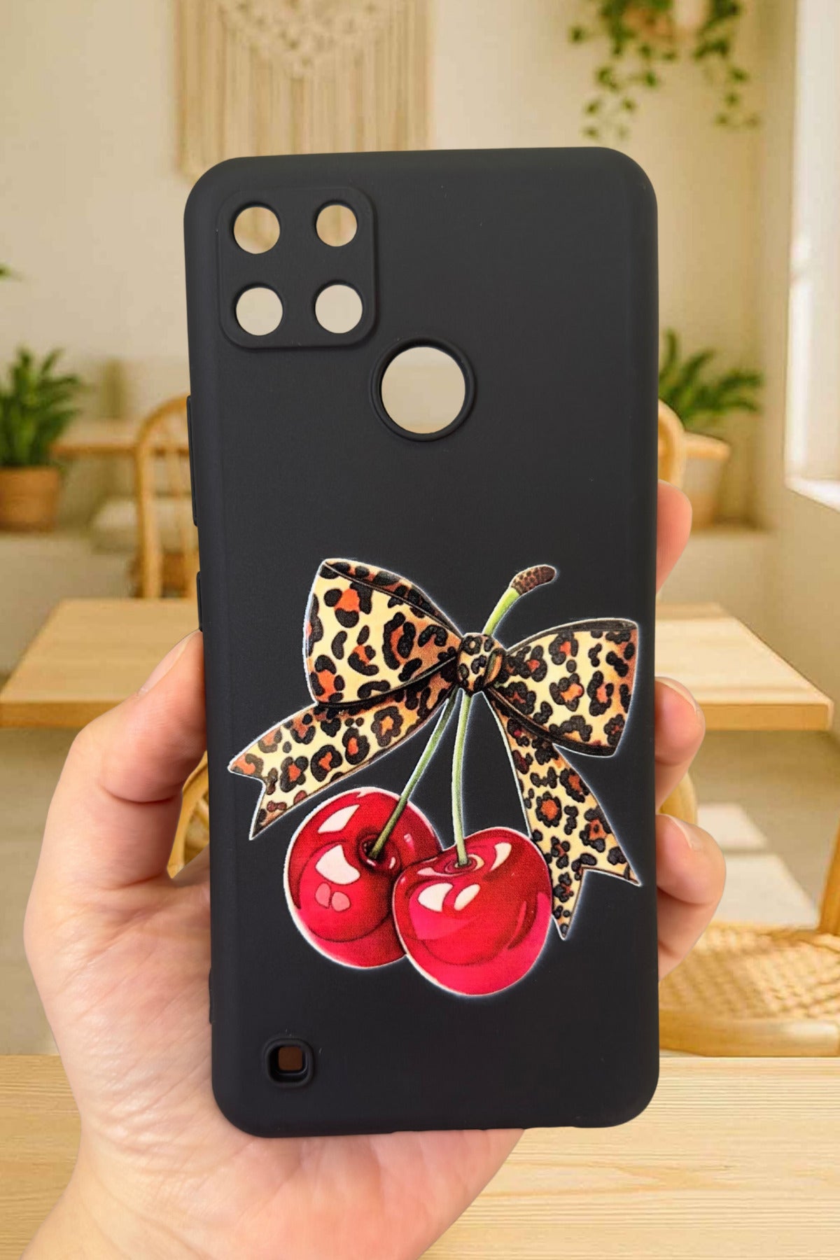 Realme C21Y Ve C25Y Uyumlu Kiraz Leopar Fiyonk Desenli Silikon Darbe Emici Rubber Kılıf