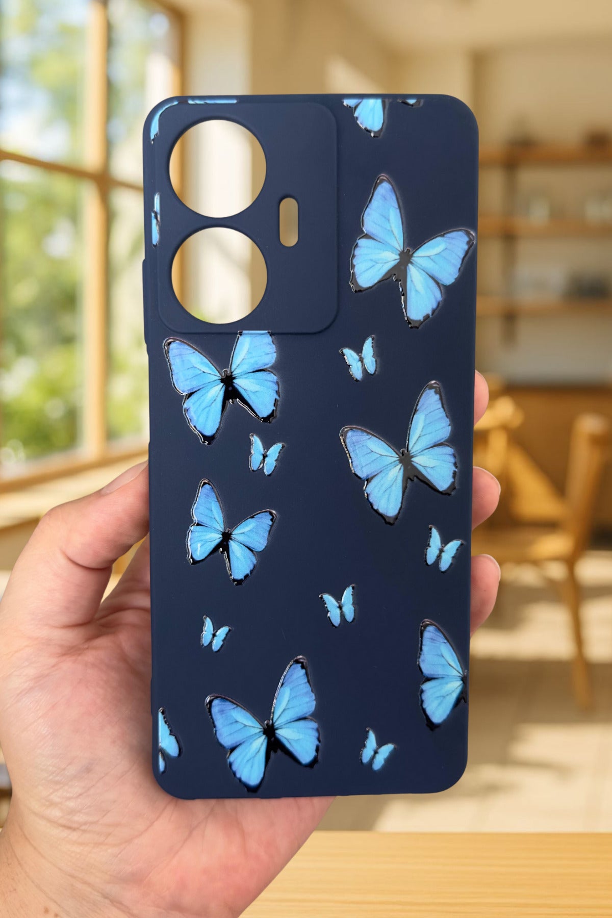 Realme C55 Uyumlu Mavi Kelebek Desenli Silikon Darbe Emici Klasik Korumalı Rubber Kılıf