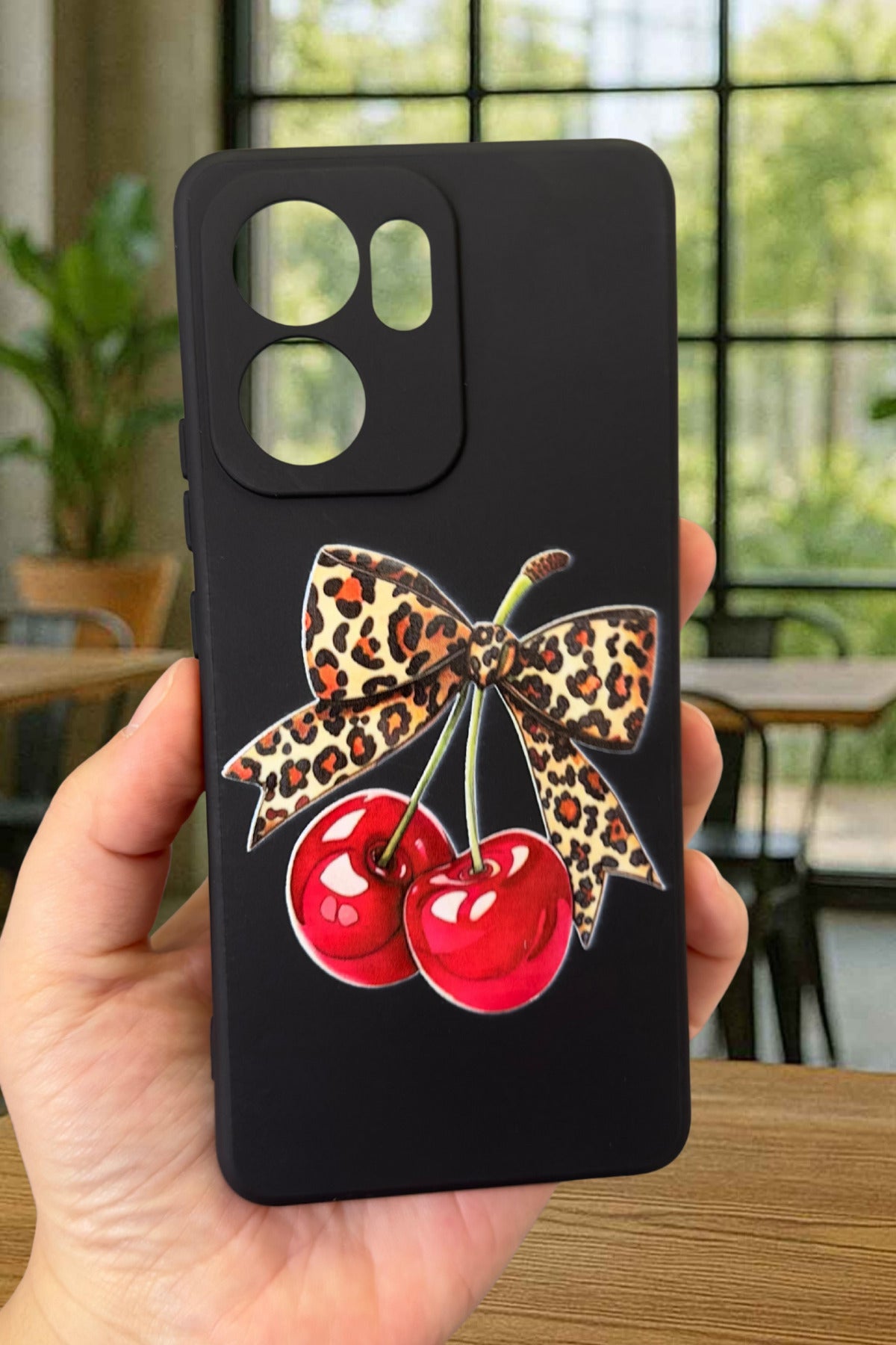 OPPO RENO 13 F Uyumlu Kiraz Leopar Fiyonk Desenli Silikon Darbe Emici Klasik Rubber Kılıf