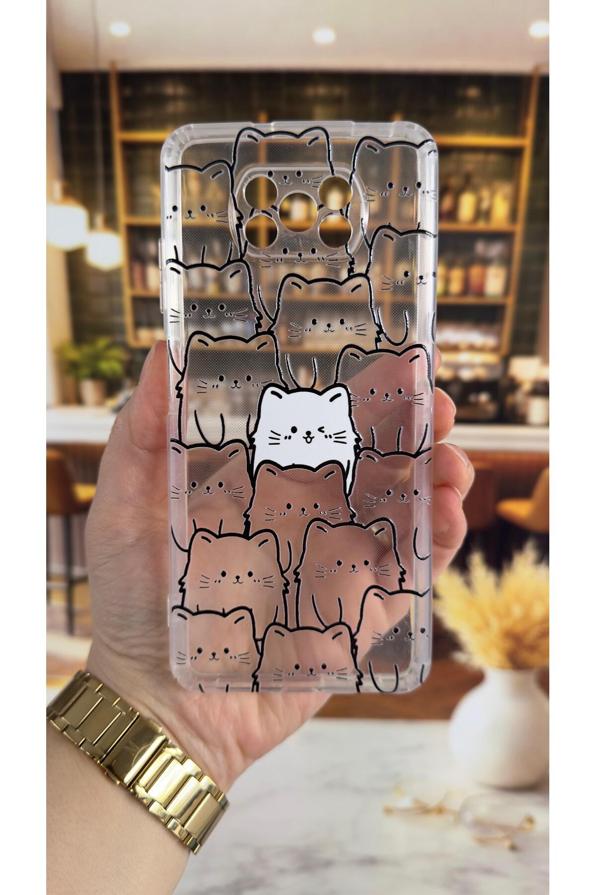 Poco X3 Uyumlu Manycat Desenli Şeffaf Darbe Emici Kamera Korumalı Clear Kılıf