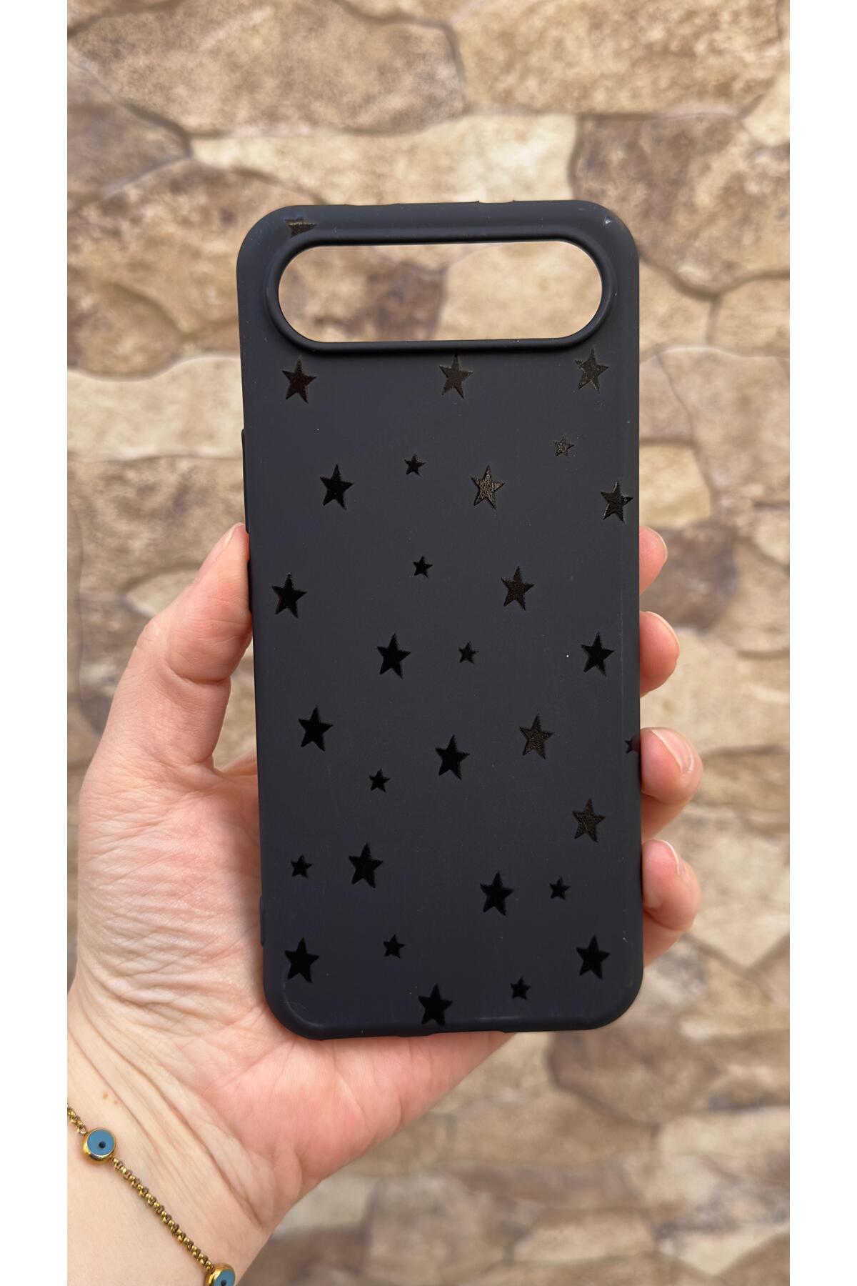 Tecno Spark Slim Uyumlu Mini Siyah Yıldız Desenli Silikon Darbe Emici Klasik Korumalı Rubber Kılıf