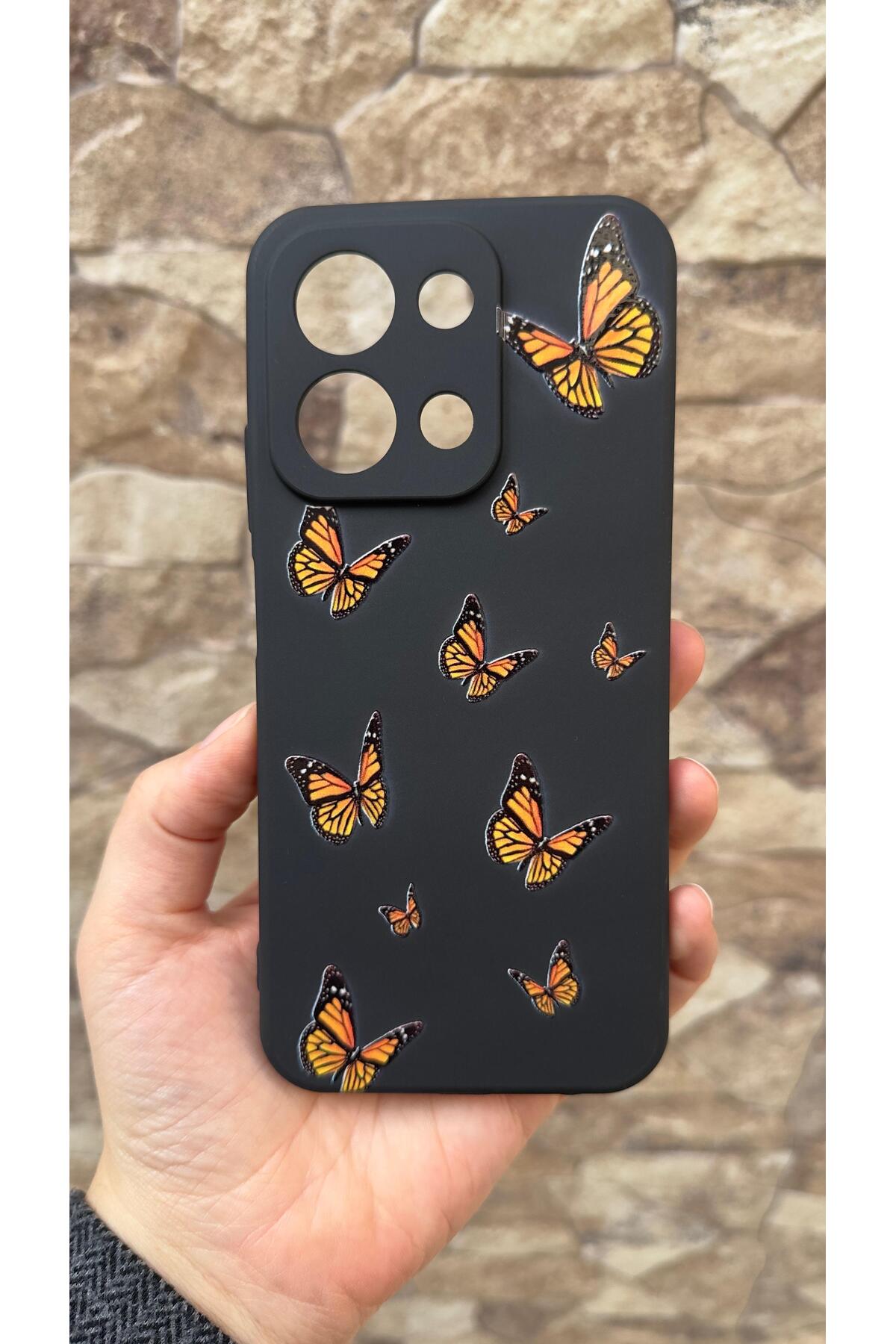 Redmi 15C Uyumlu Turuncu Kelebek Desenli Silikon Darbe Emici Klasik Korumalı Rubber Kılıf