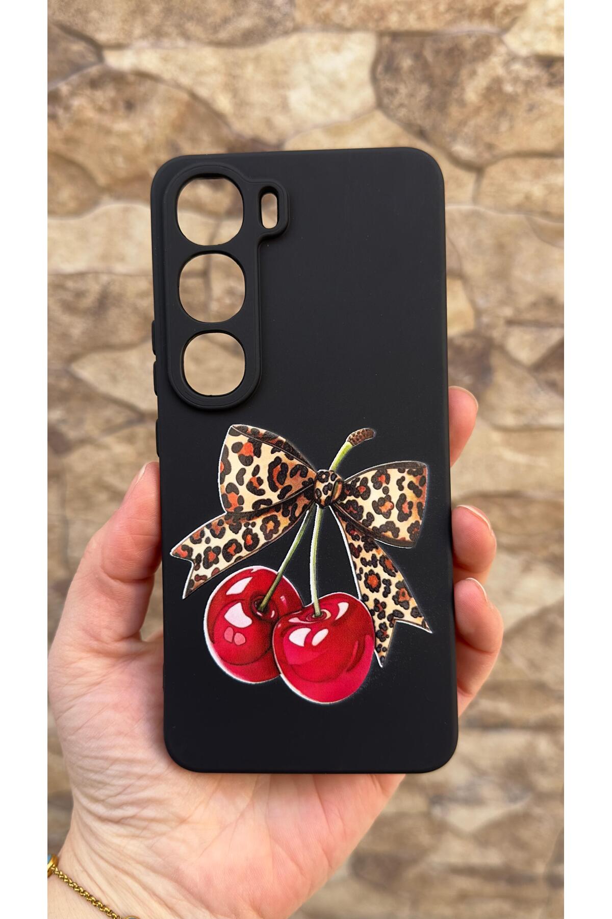 Vivo V40 Lite 5G Uyumlu Kiraz Fiyonk Leopar Desenli Silikon Darbe Emici Klasik Korumalı Rubber Kılıf