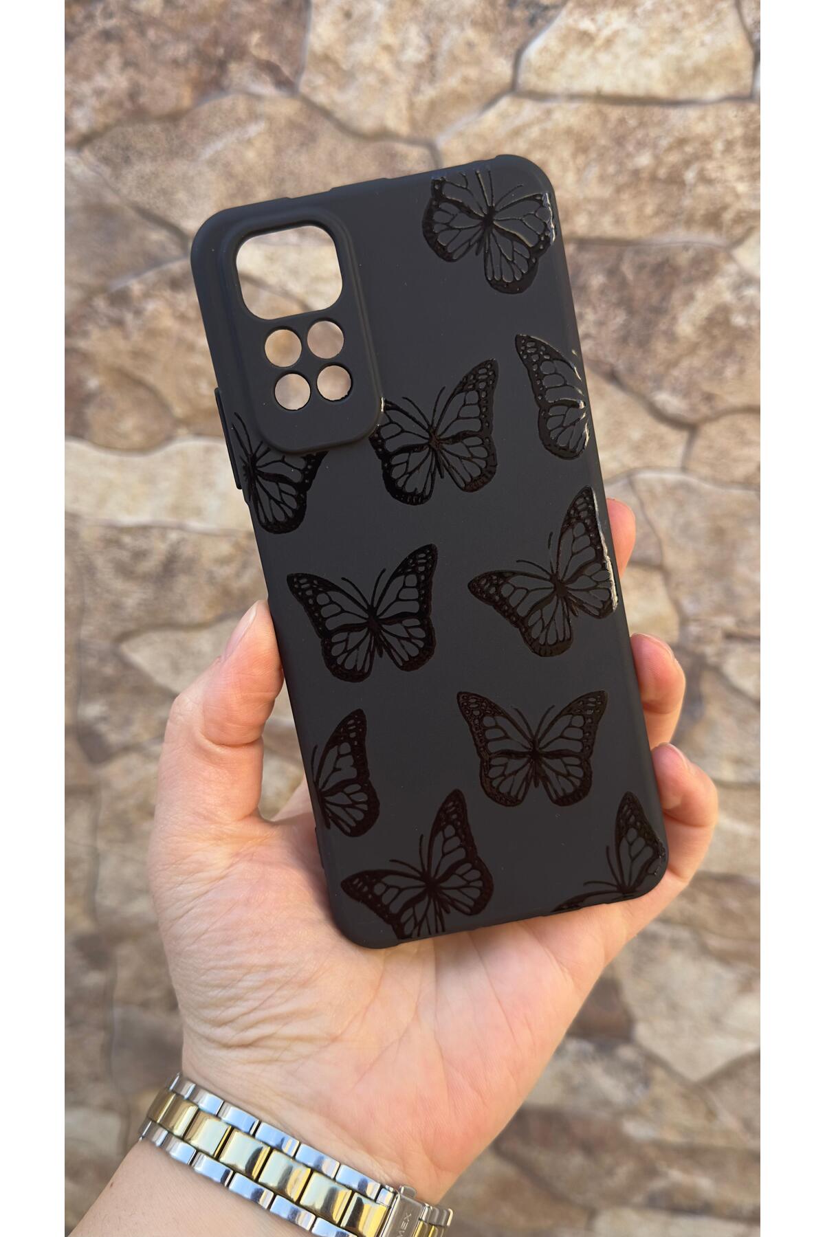 REDMİ NOTE 11/11S Uyumlu Siyah Kelebek Desenli Silikon Darbe Emici Klasik Korumalı Rubber Kılıf