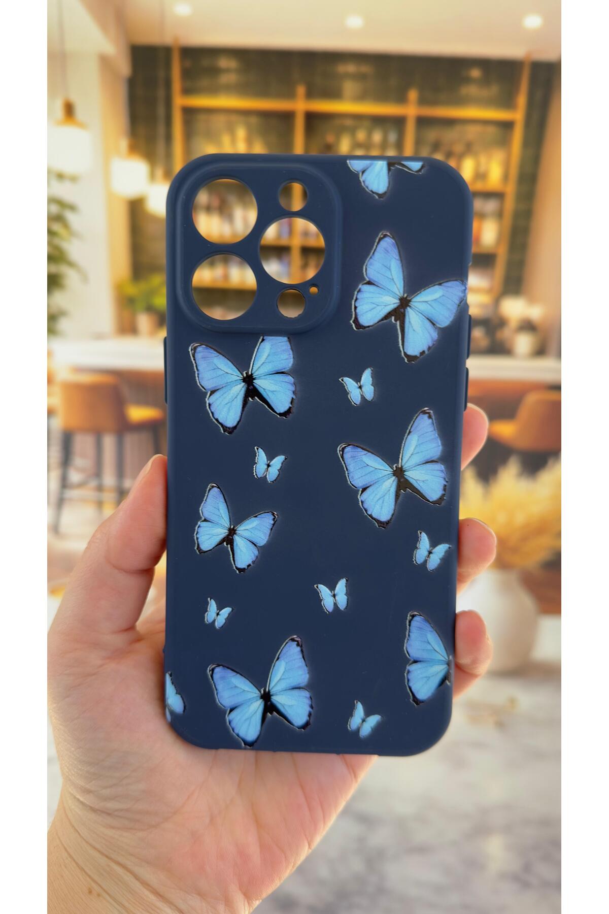 iPhone 14 Pro Max Uyumlu Mavi Kelebek Desenli Silikon Darbe Emici Klasik Korumalı Rubber Kılıf