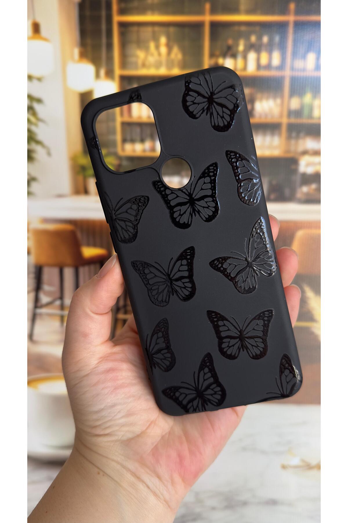 Oppo A15 Uyumlu Siyah Kelebek Desenli Silikon Darbe Emici Klasik Korumalı Rubber Kılıf
