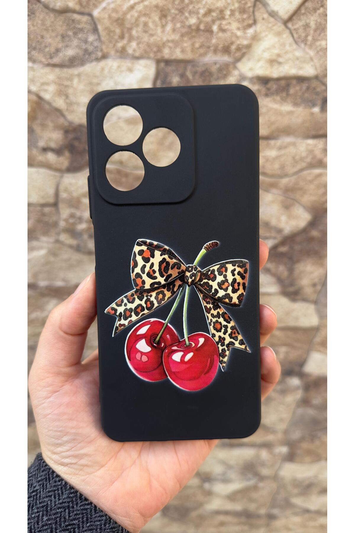 REALME C53 Uyumlu Kiraz Fiyonk Leopar Desenli Silikon Darbe Emici Klasik Korumalı Rubber Kılıf