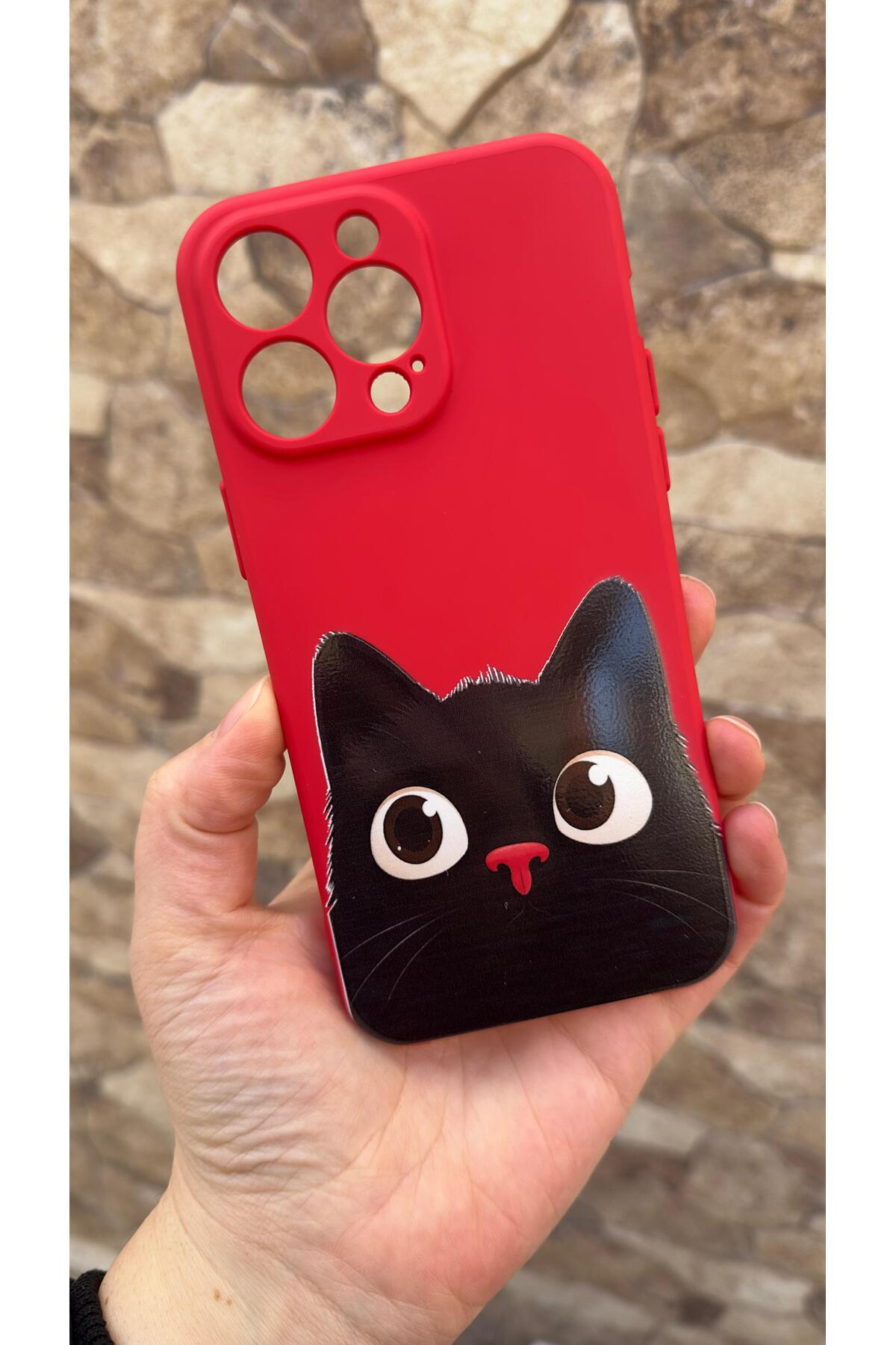 iPhone 14 Pro Max Uyumlu Sevimli Siyah Kedi Desenli Silikon Darbe Emici Klasik Korumalı Rubber Kılıf