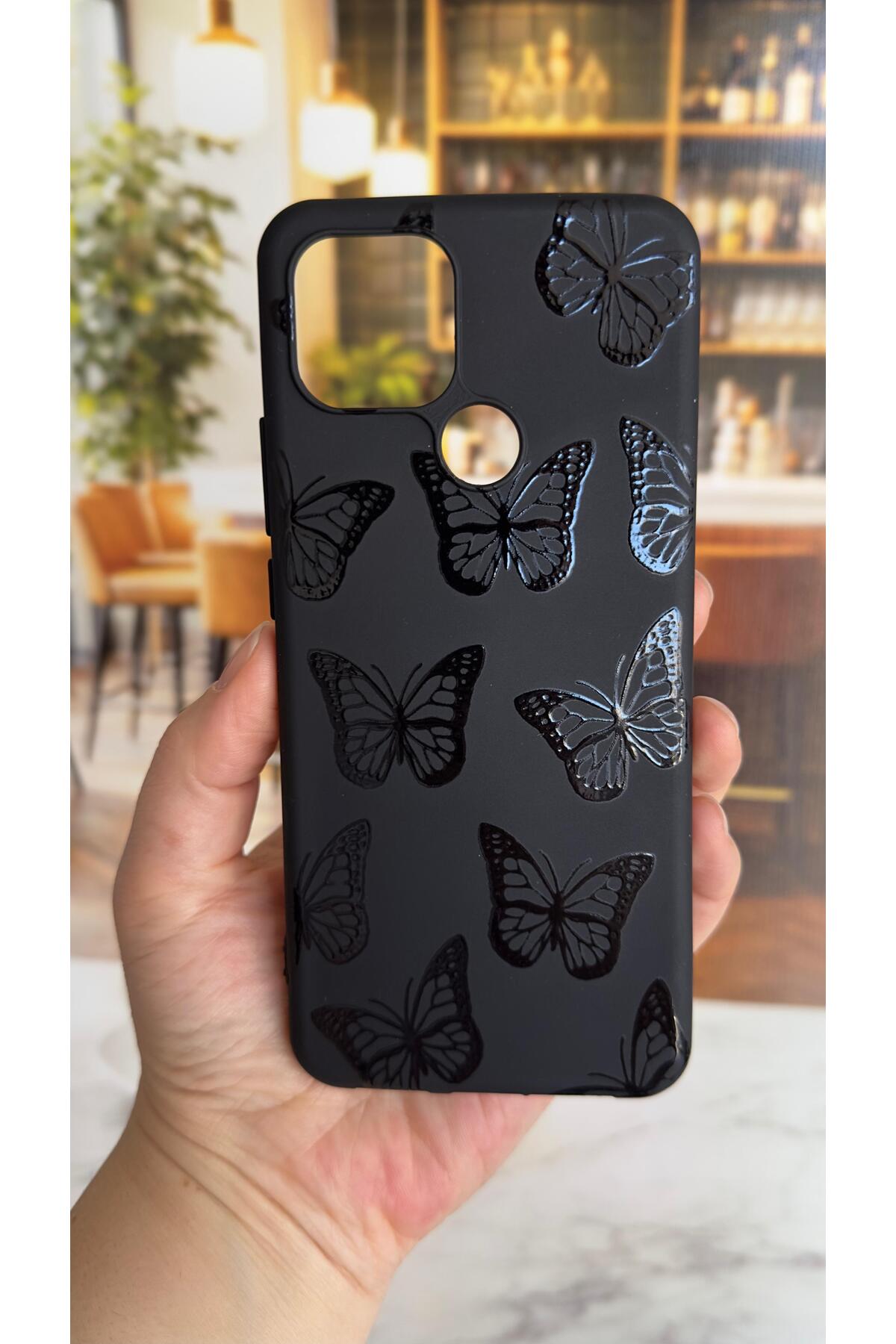Oppo A15 Uyumlu Siyah Kelebek Desenli Silikon Darbe Emici Klasik Korumalı Rubber Kılıf