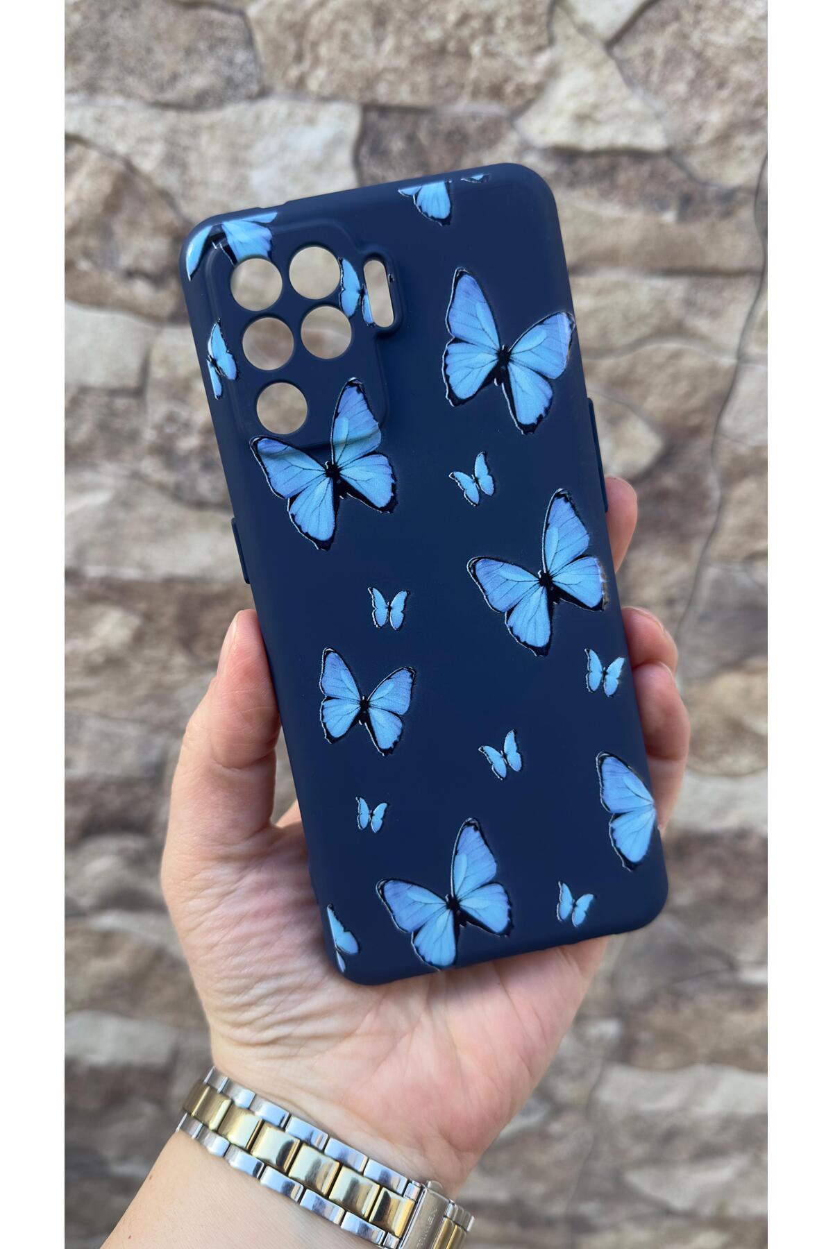 Oppo Reno 5 Lite Uyumlu Mavi Kelebek Desenli Silikon Darbe Emici Klasik Korumalı Rubber Kılıf
