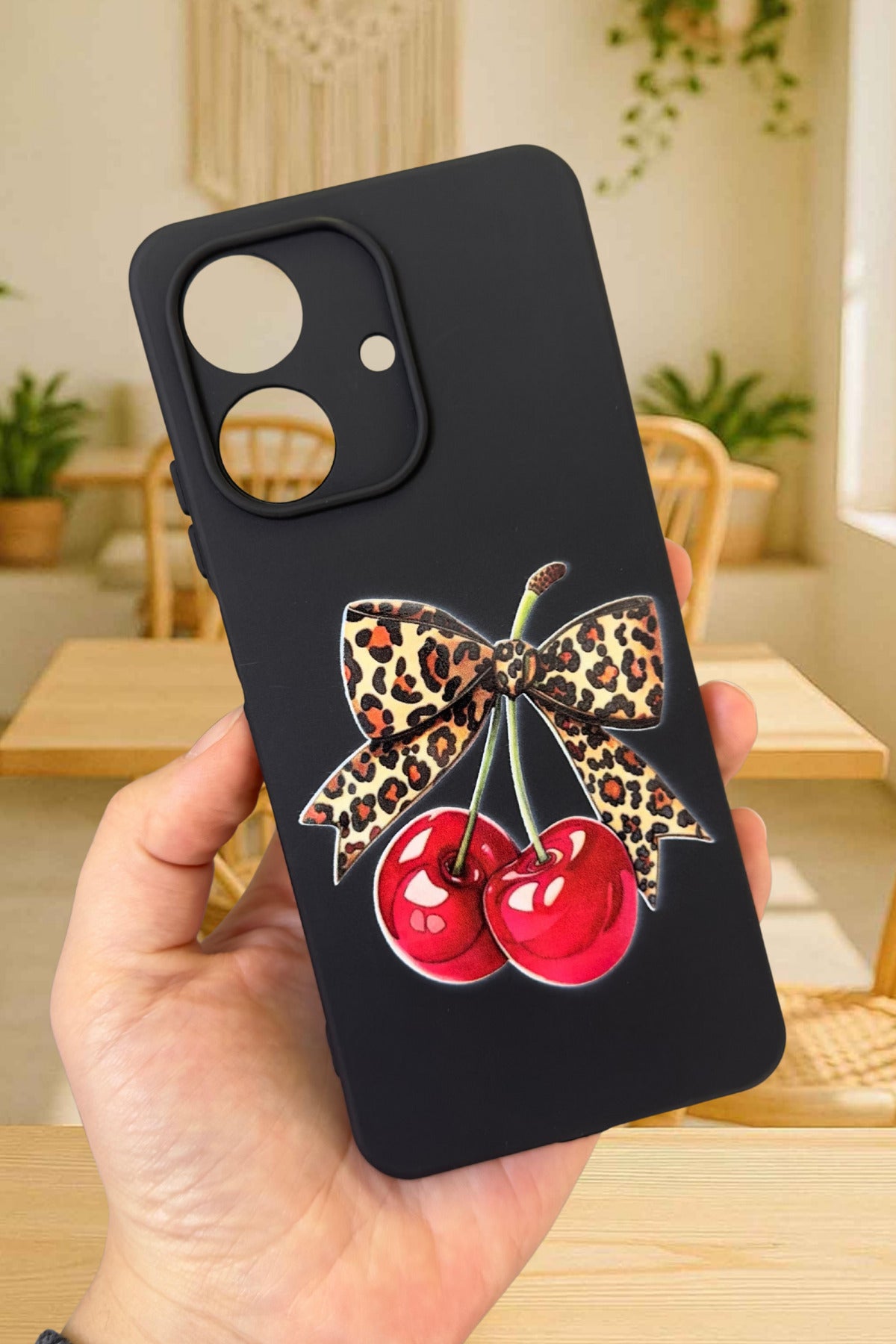 REALME NOTE 60 Uyumlu Kiraz Leopar Fiyonk Desenli Silikon Darbe Emici Rubber Kılıf