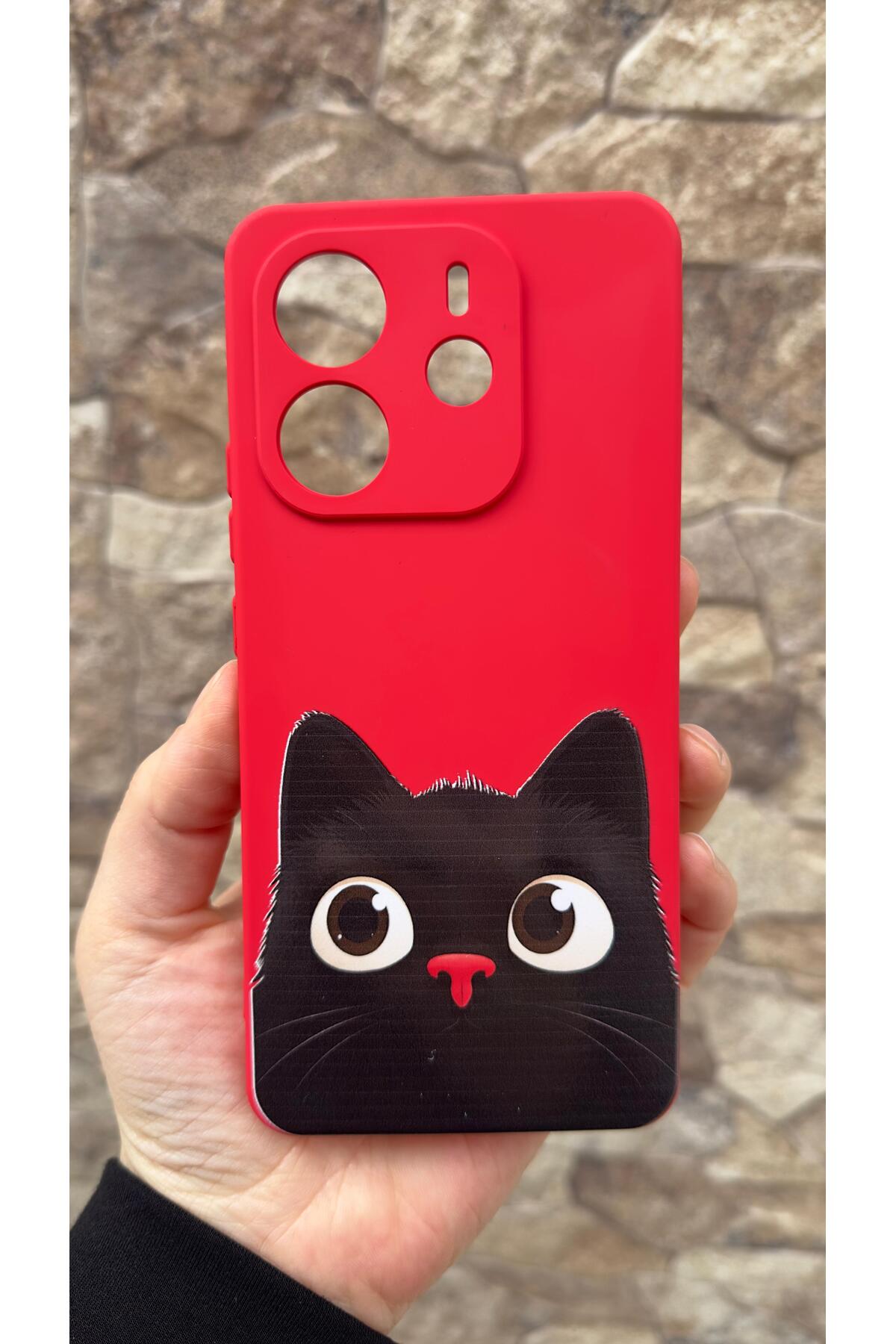 Redmi Note 14 Uyumlu Sevimli Siyah Kedi Desenli Silikon Darbe Emici Klasik Korumalı Rubber Kılıf
