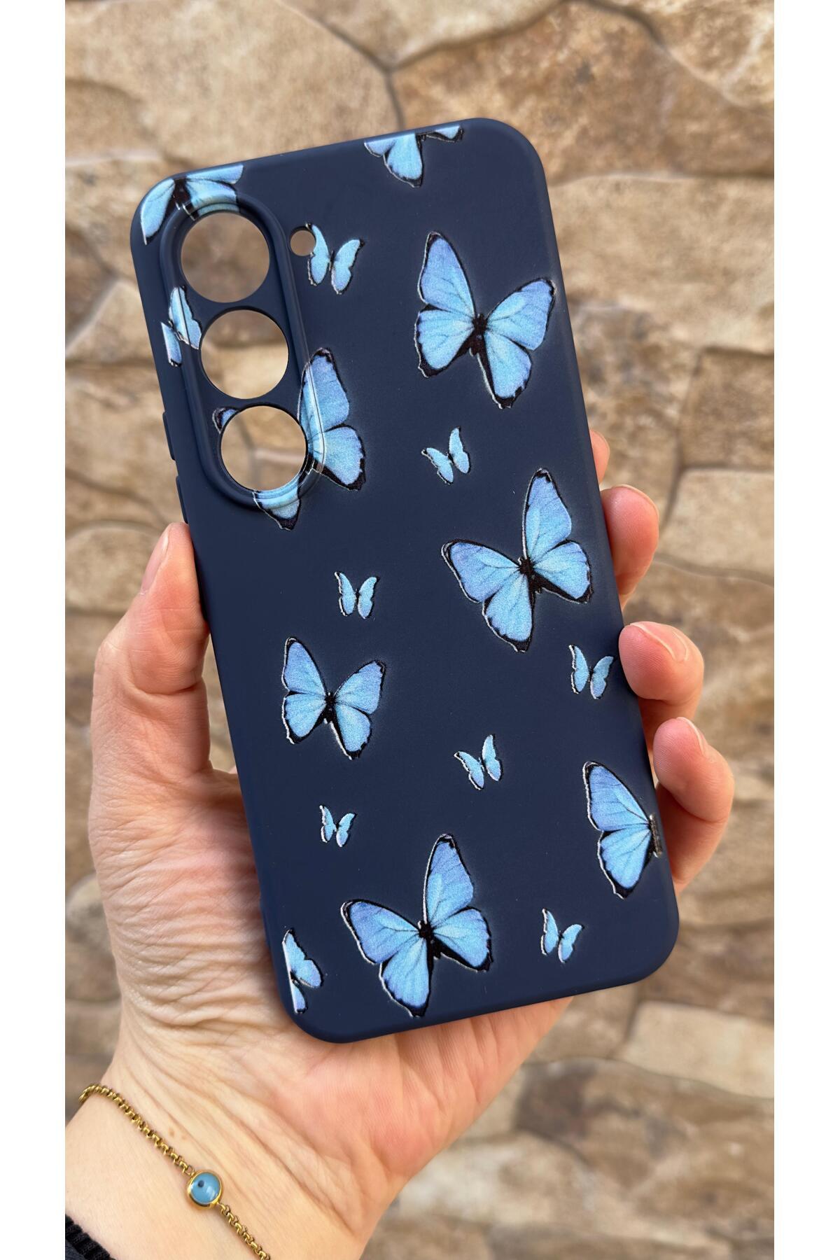 Tecno Spark 40 Pro Uyumlu Mavi Kelebek Desenli Silikon Darbe Emici Klasik Korumalı Rubber Kılıf