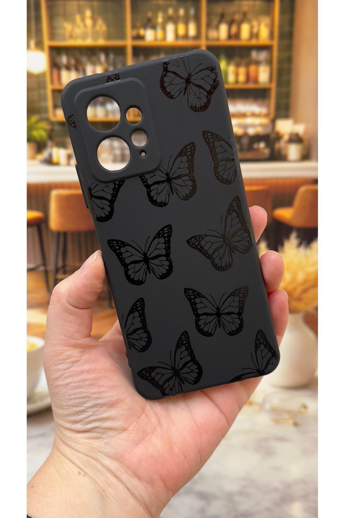 Xiaomi Redmi Note 12 Uyumlu Siyah Kelebek Desenli Silikon Darbe Emici Klasik Rubber Kılıf