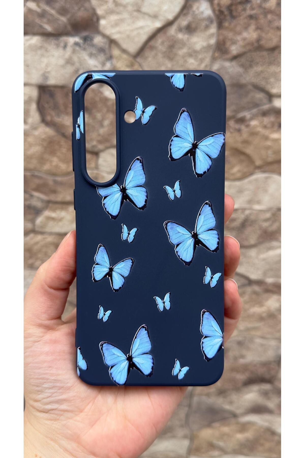 Samsung Galaxy S25 FE Uyumlu Mavi Kelebek Desenli Silikon Darbe Emici Korumalı Rubber Kılıf277