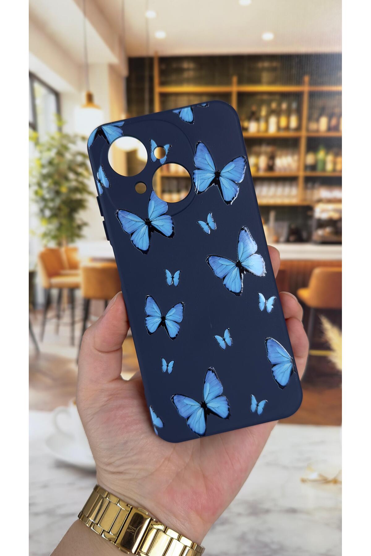 Tecno Spark Go1 Uyumlu Mavi Kelebek Desenli Silikon Darbe Emici Klasik Korumalı Rubber Kılıf