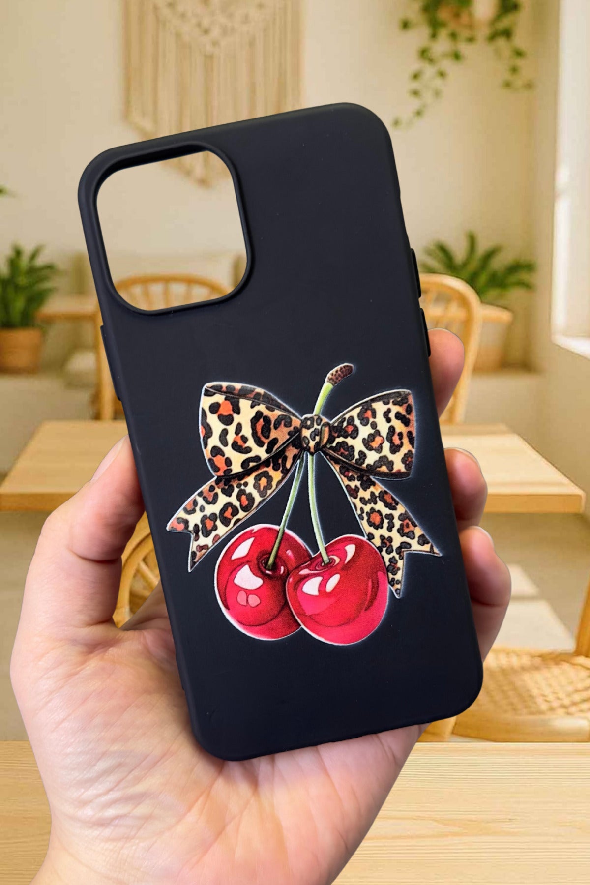 iPhone 12 /12 Pro Uyumlu Kiraz Leopar Fiyonk Desenli Silikon Darbe Emici Rubber Kılıf