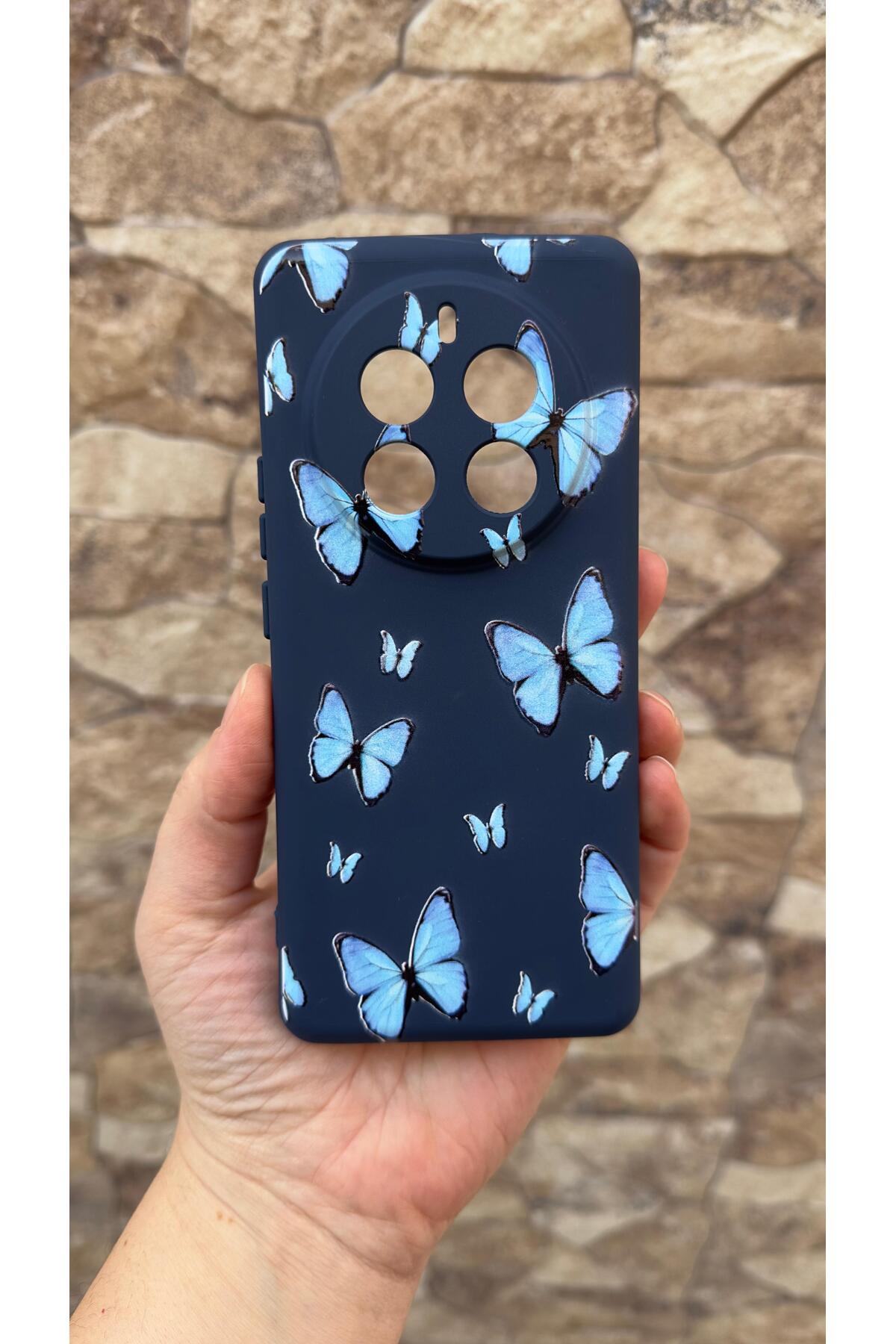 Realme 12 Pro Uyumlu Mavi Kelebek Desenli Silikon Darbe Emici Klasik Korumalı Rubber Kılıf