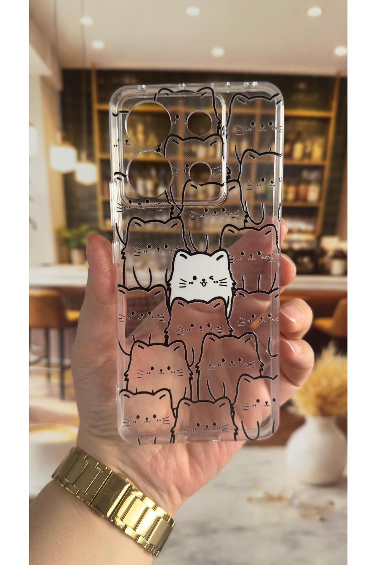 Xiaomi Redmi Note 13 Pro 5G Uyumlu Manycat Desenli Şeffaf Darbe Emici Kamera Korumalı Clear Kılıf
