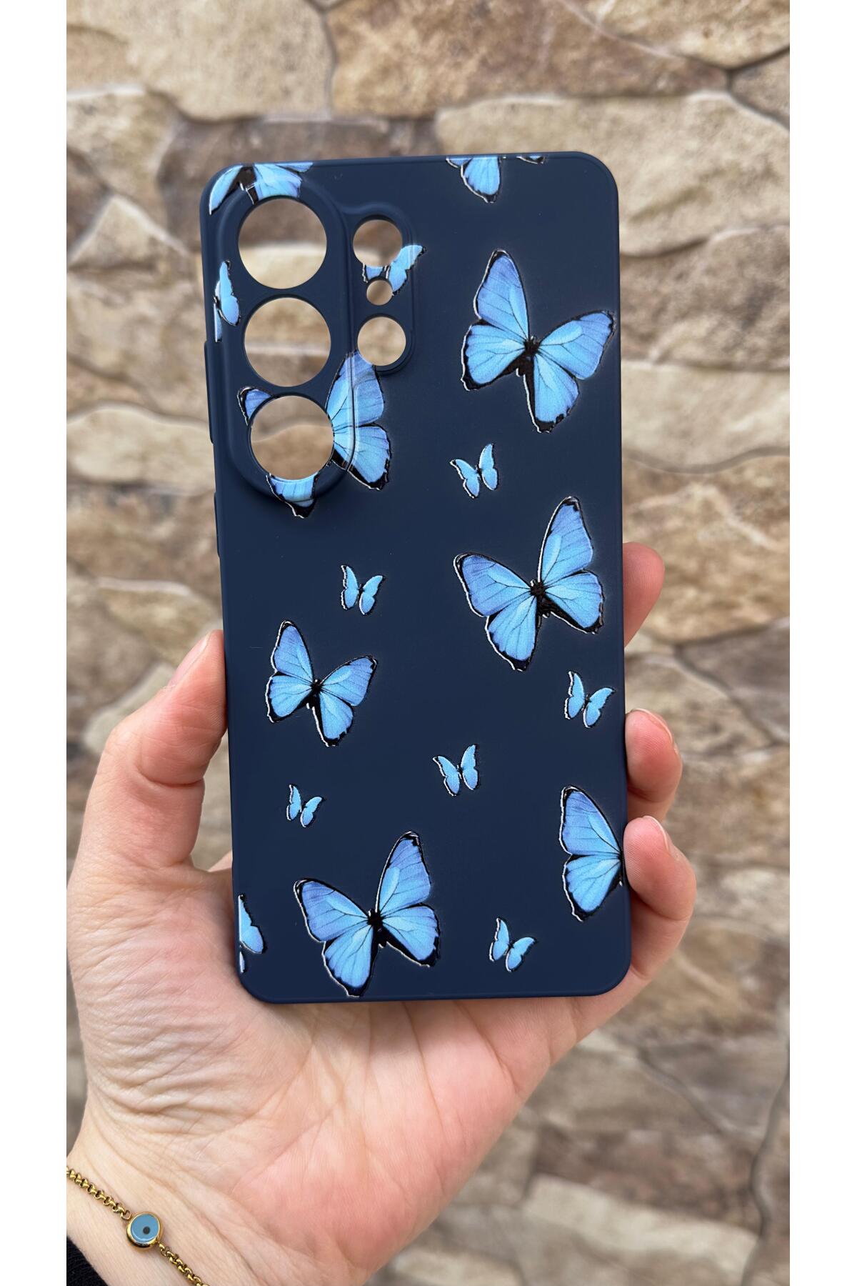 Samsung Galaxy S26 Ultra Uyumlu Mavi Kelebek Desenli Silikon Darbe Emici Klasik Korumalı Kılıf