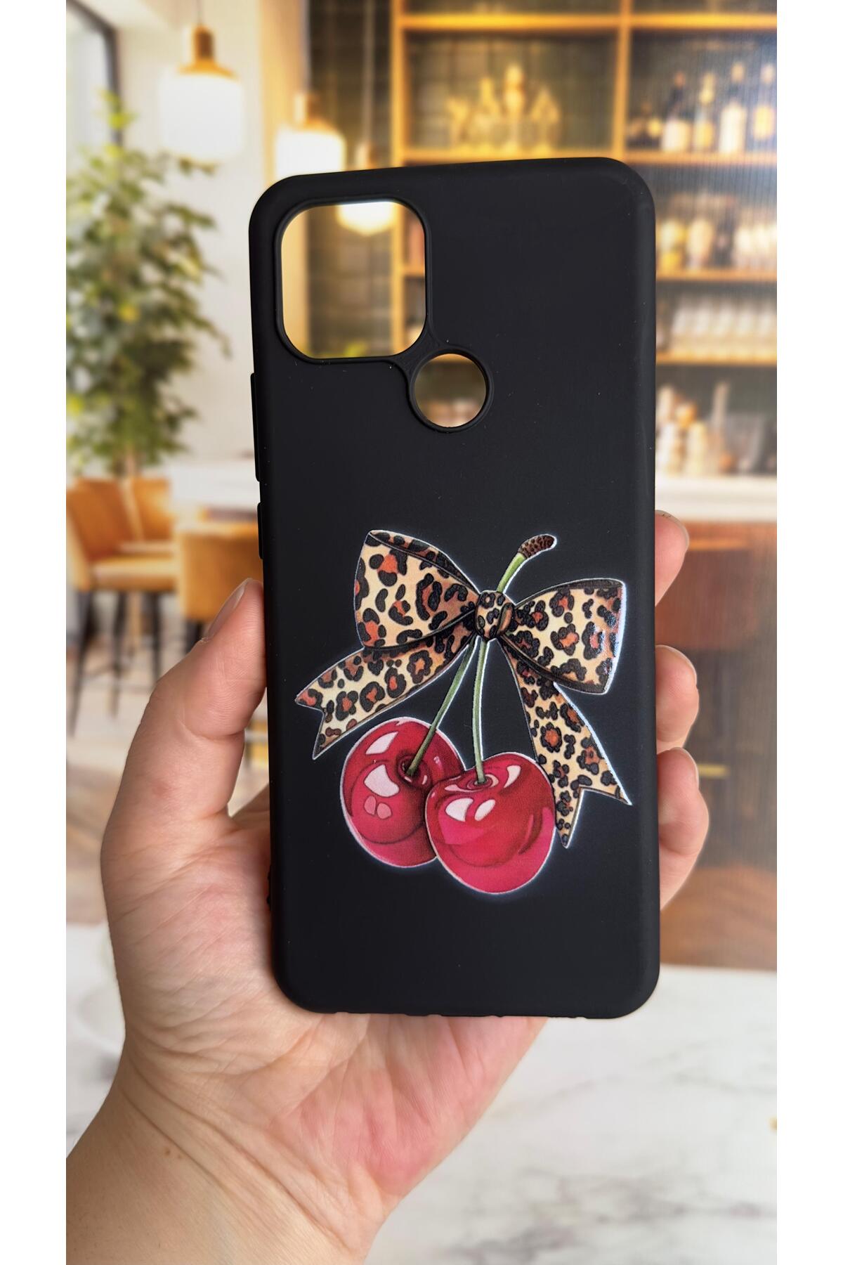 Oppo A15 Uyumlu Kiraz Fiyonk Leopar Desenli Silikon Darbe Emici Klasik Korumalı Rubber Kılıf