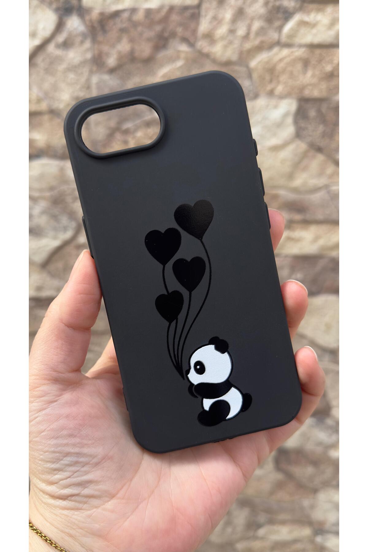 İphone 16E Uyumlu Kalpli Panda Desenli Silikon Darbe Emici Klasik Korumalı Rubber Kılıf
