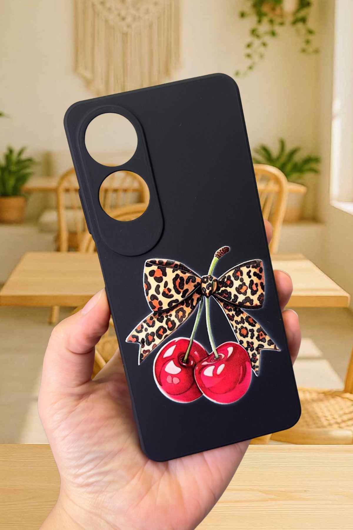 Oppo A60 Uyumlu Kiraz Leopar Fiyonk Desenli Silikon Darbe Emici Klasik Korumalı Rubber Kılıf