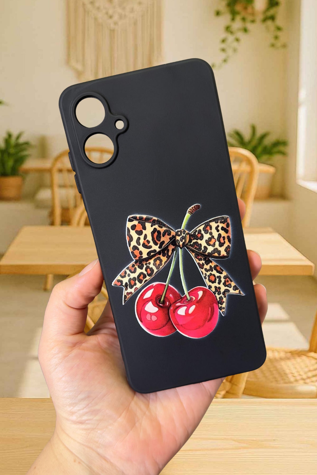 Samsung Galaxy A06 Uyumlu Kiraz Leopar Fiyonk Desenli Silikon Darbe Emici Rubber Kılıf