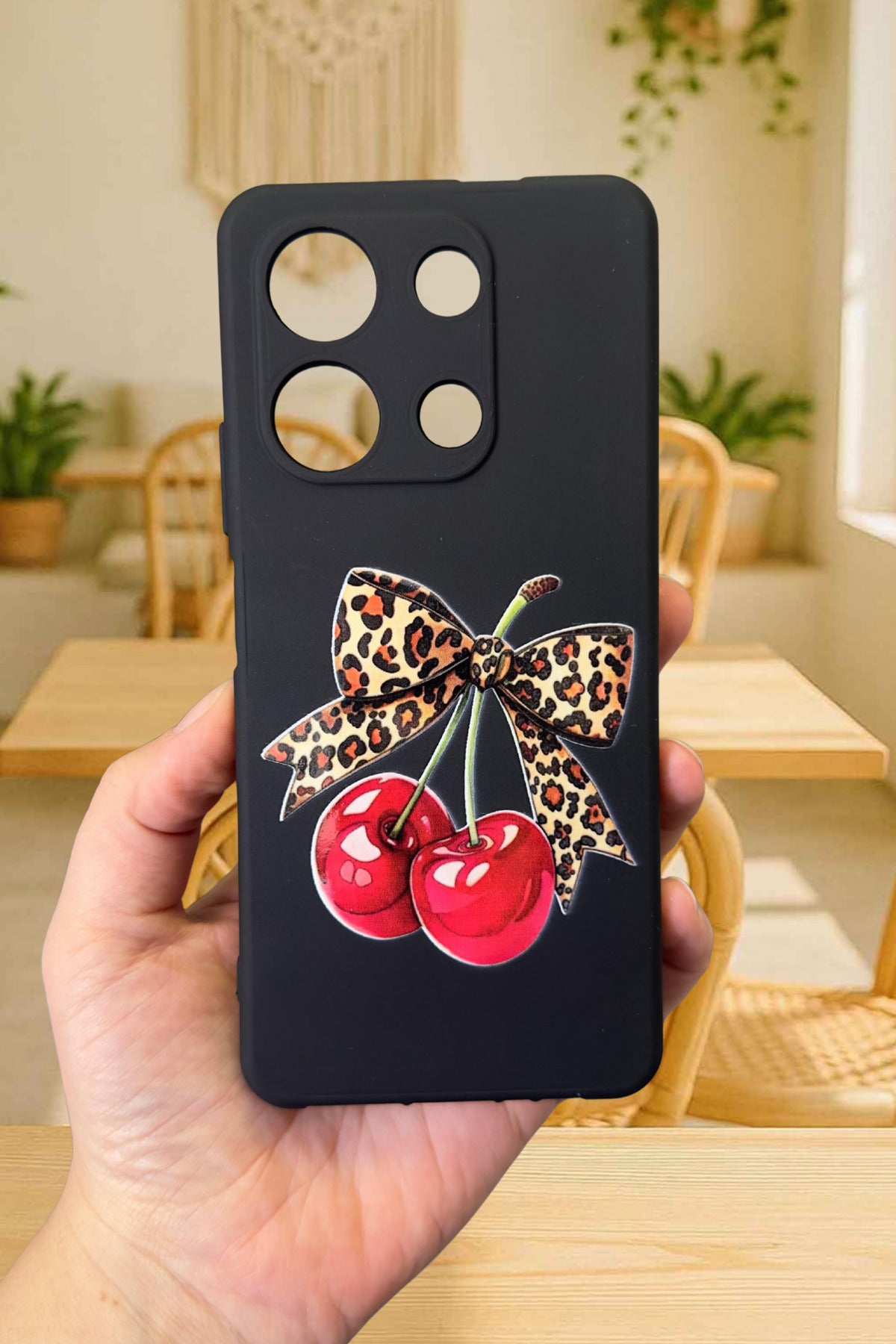 İNFİNİX NOTE 30 Uyumlu Kiraz Leopar Fiyonk Desenli Silikon Darbe Emici Rubber Kılıf