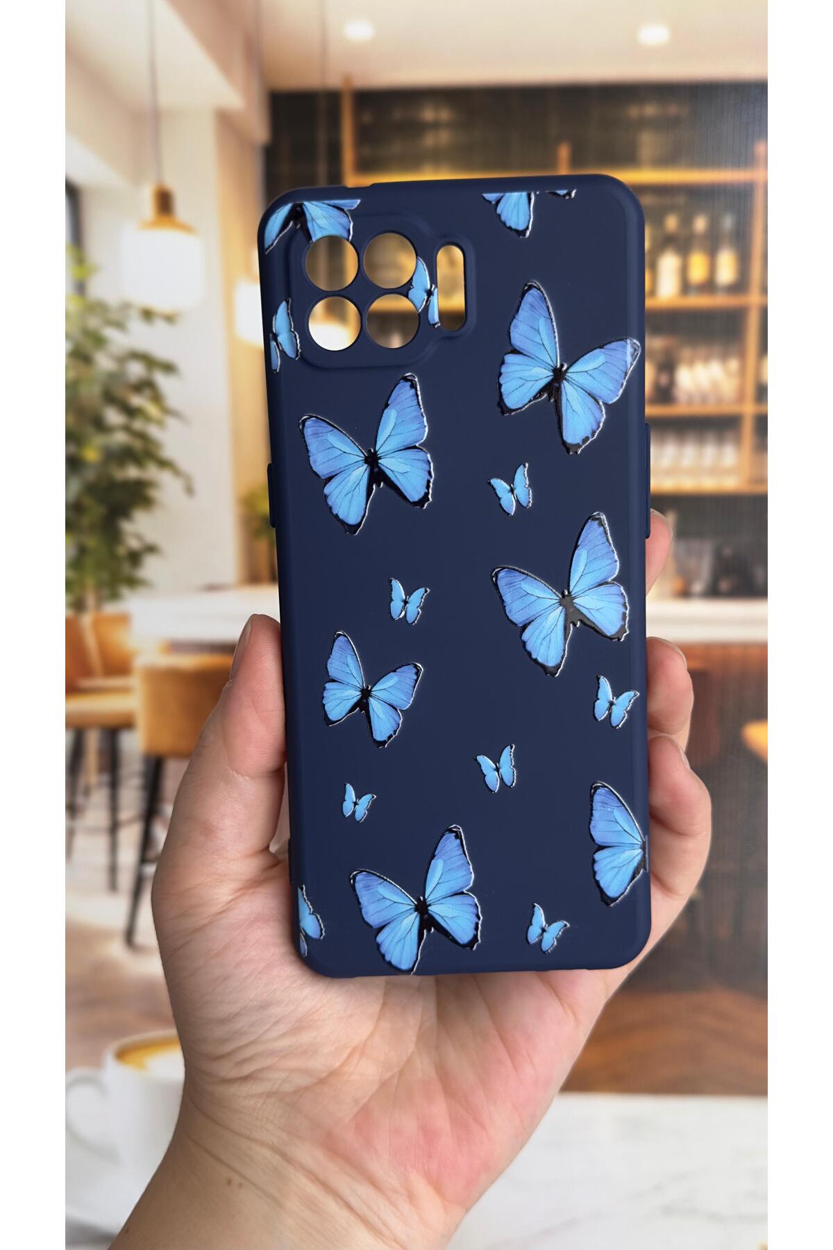 OPPO Reno 4 Lite Uyumlu Mavi Kelebek Desenli Silikon Darbe Emici Klasik Korumalı Rubber Kılıf