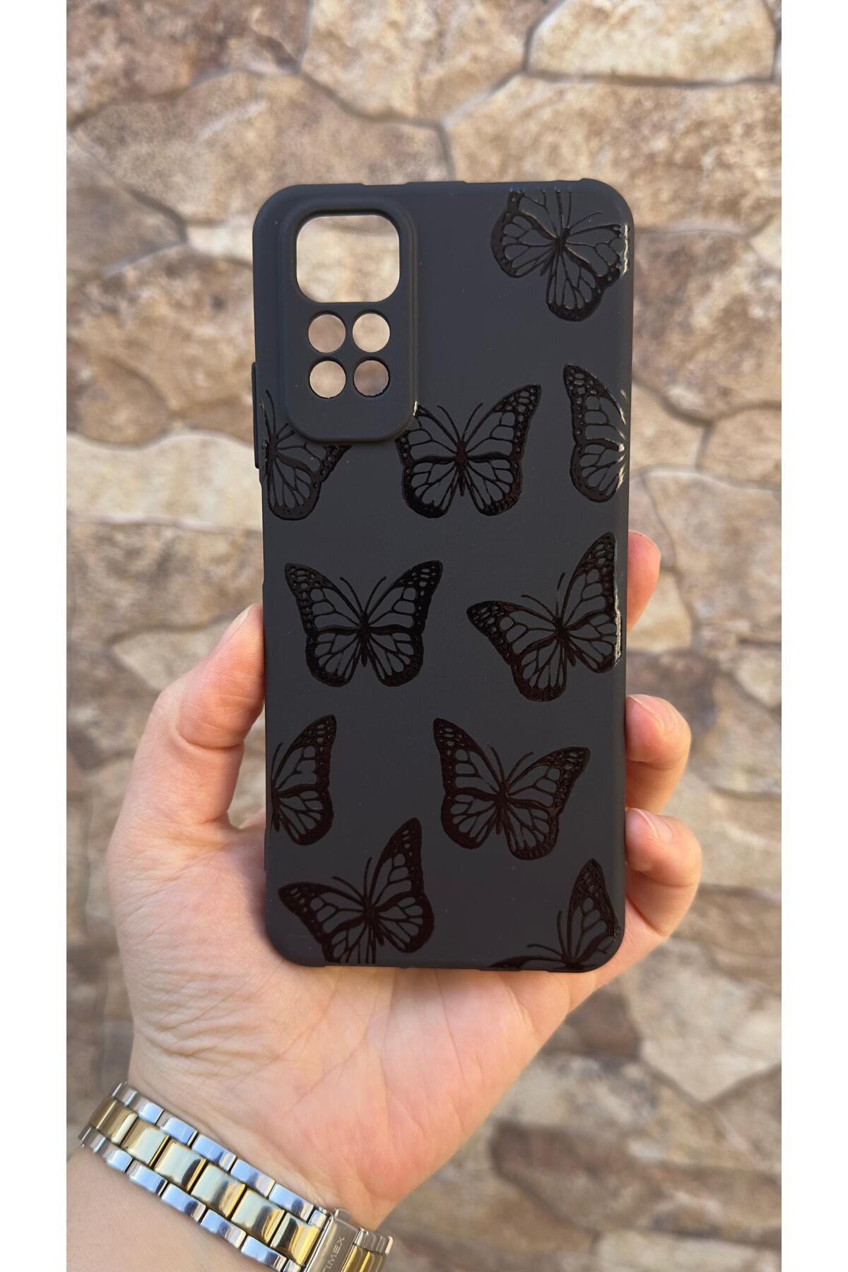 REDMİ NOTE 11/11S Uyumlu Siyah Kelebek Desenli Silikon Darbe Emici Klasik Korumalı Rubber Kılıf