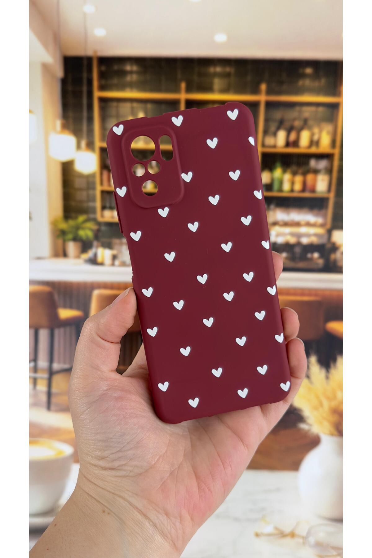 Xiaomi Redmi Note 10/10S Uyumlu Beyaz Kalp Desenli Silikon Darbe Emici Klasik Korumalı Rubber Kılıf