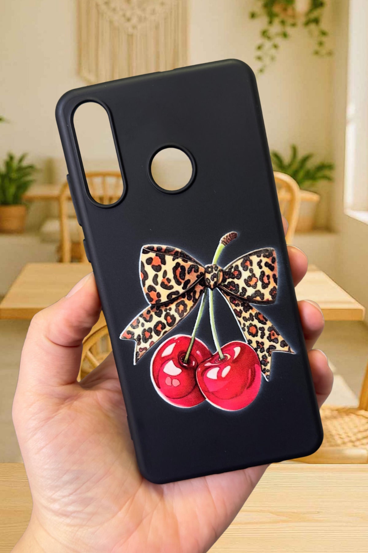 HUAWEİ P20 LİTE Uyumlu Kiraz Leopar Fiyonk Desenli Silikon Darbe Emici Klasik Rubber Kılıf