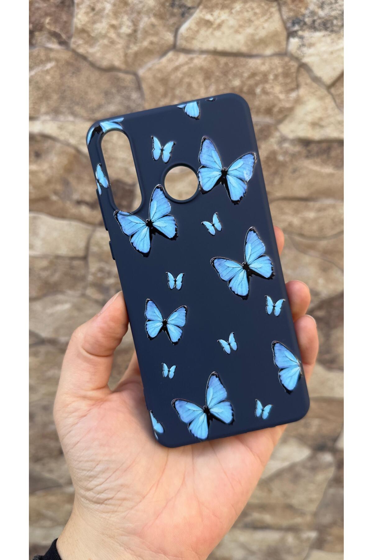 HUAWEİ Y7 2019 Uyumlu Mavi Kelebek Desenli Silikon Darbe Emici Klasik Korumalı Rubber Kılıf