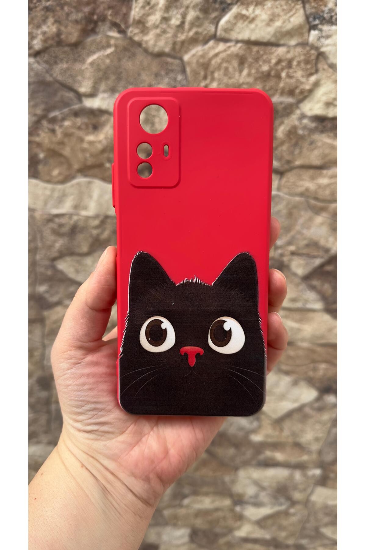 Redmi Note 12S Uyumlu Sevimli Siyah Kedi Desenli Silikon Darbe Emici Klasik Korumalı Rubber Kılıf