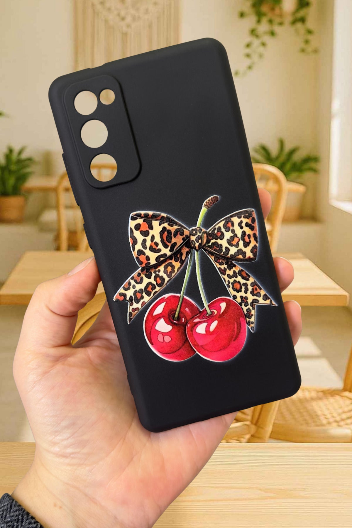 Samsung Galaxy S20 Fe Uyumlu Kiraz Leopar Fiyonk Desenli Silikon Darbe Emici Rubber Kılıf